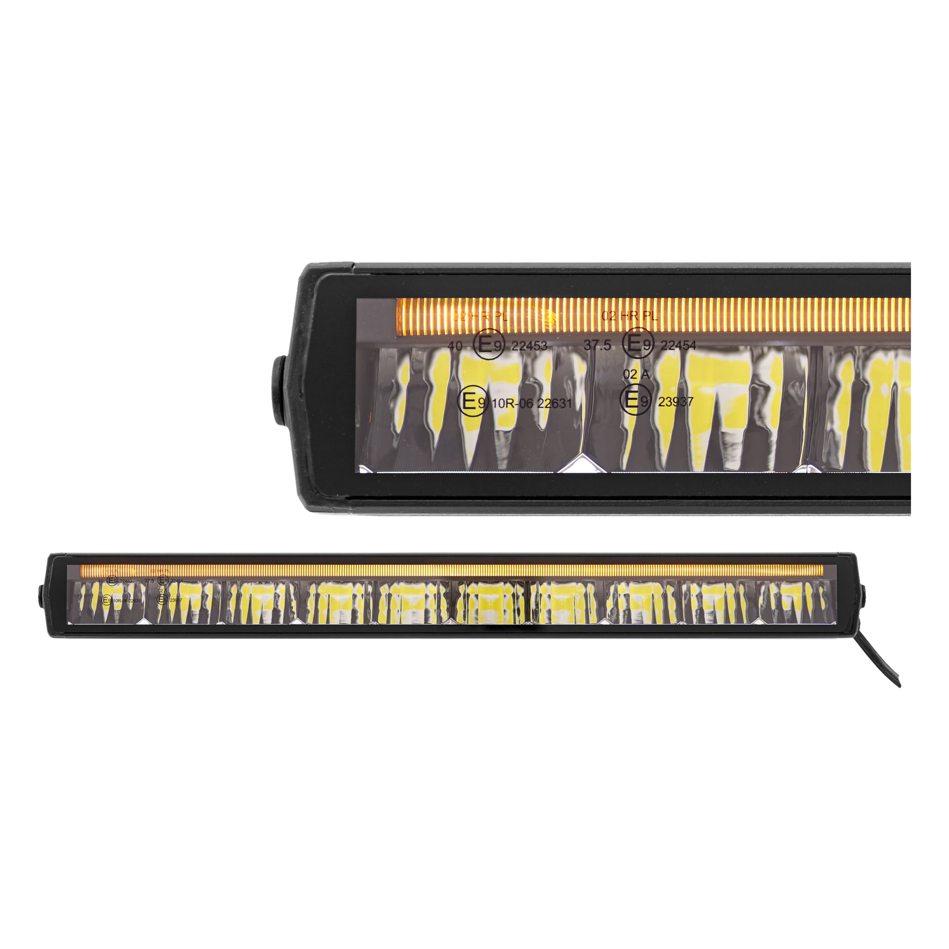 Hamron Light bar LED visas både på nära håll och i full vy, med sin rektangulära design med svart hölje, gula belysningssektioner och regulatoriska detaljer på linsen. Lämplig för fordon eller terrängkörning.