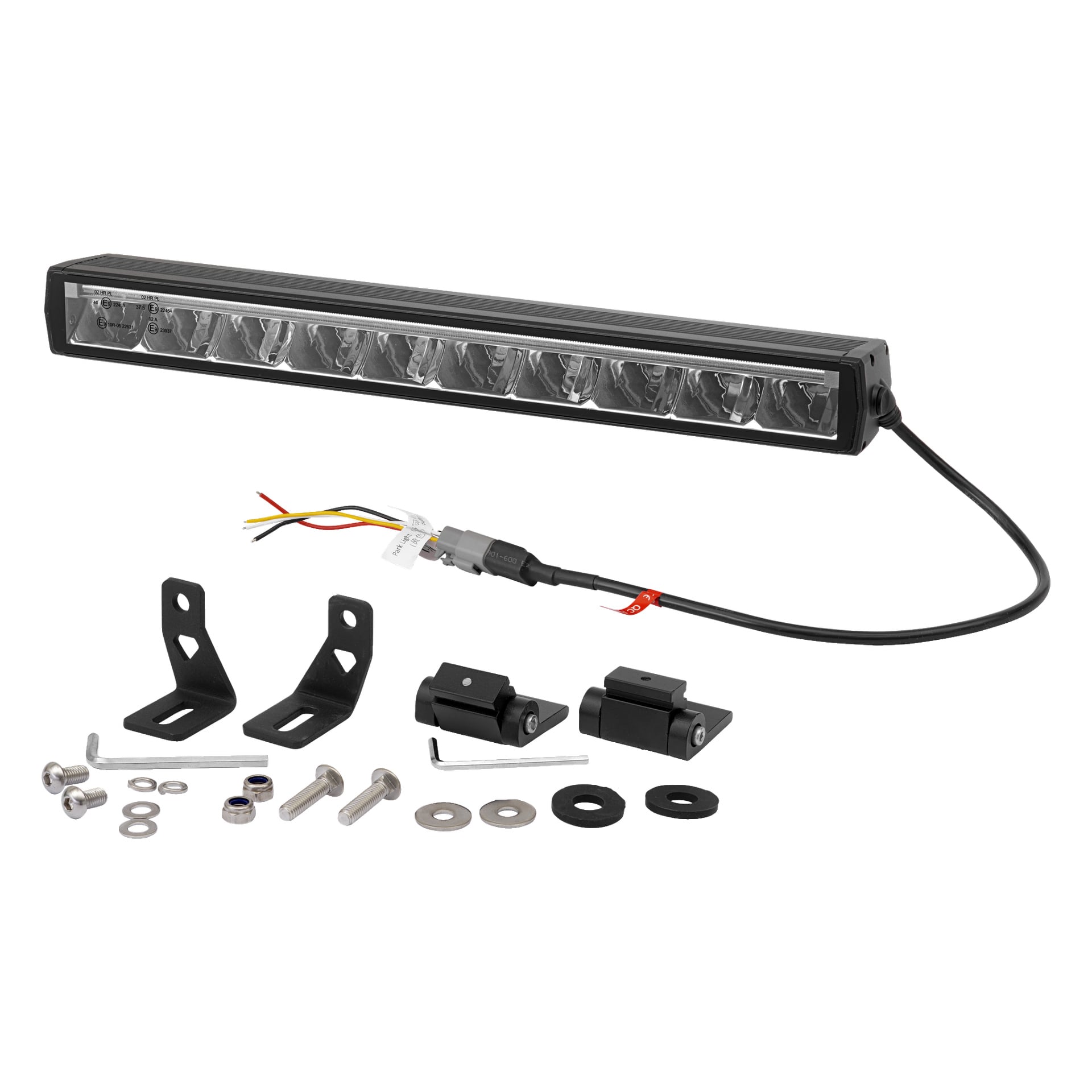 Hamron Light bar LED är en rektangulär lampa med en ansluten ledning och kontakt, visad med två L-formade monteringsfästen, två extra monteringsdelar, skruvar, brickor, bultar och en insexnyckel.