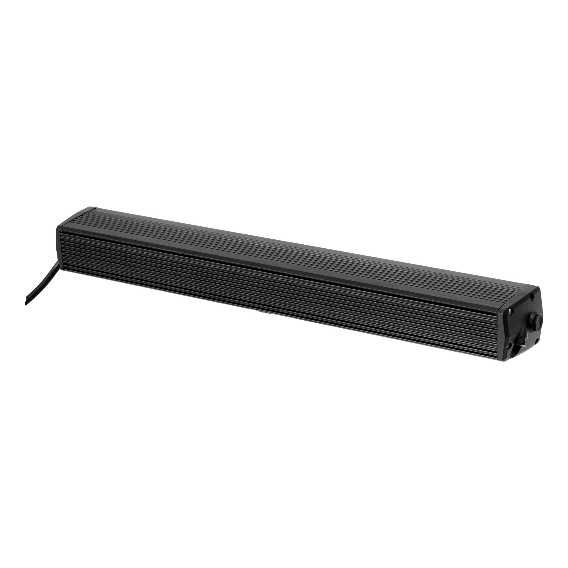 En Hamron Light bar LED, en svart rektangulär enhet med en ribbad textur, har en kabel som går ut från ena sidan och en rund kontakt i andra änden.