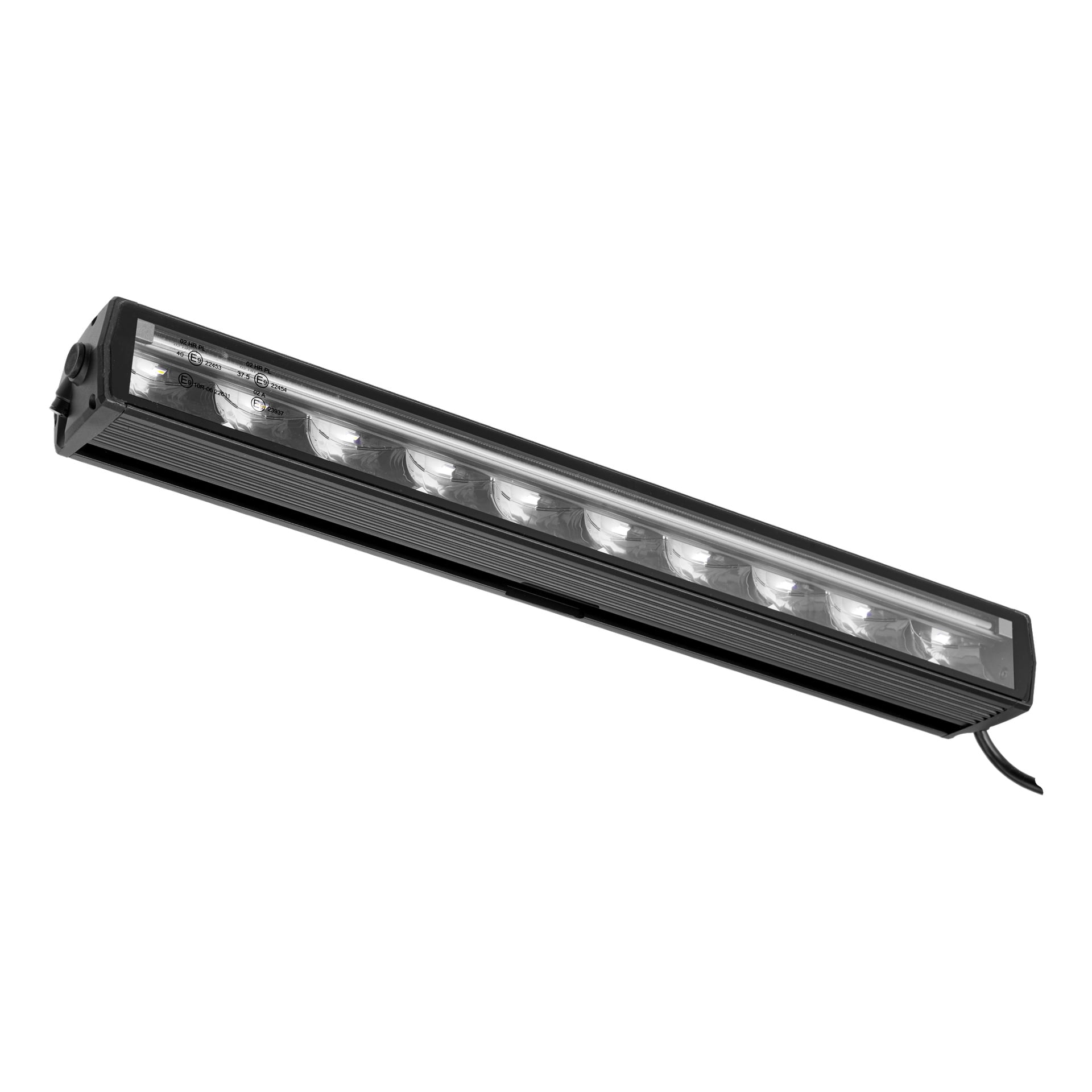 En svart rektangulär Hamron Light bar LED visar nio separata LED-lampor i en rak rad under ett genomskinligt skyddshölje, med en svart tråd fäst på ena sidan.