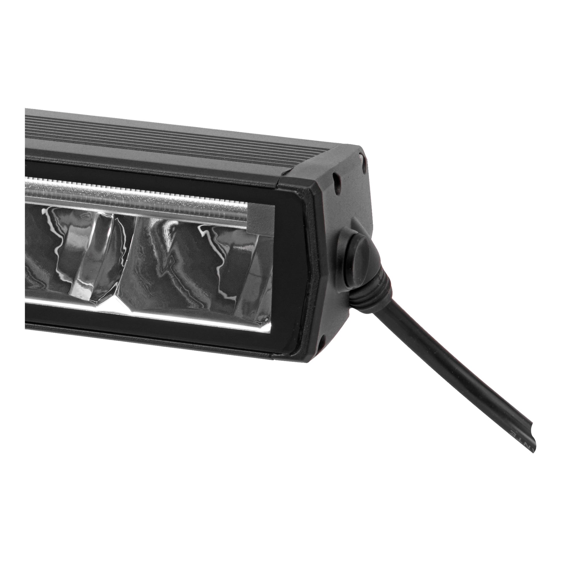 Detaljerad vy av en Hamron LED-ljusramp som visar dess rektangulära svarta form, ribbade struktur, reflekterande inre yta, exponerade skruvar i hörnen och en strömkabel som sticker ut från sidan. Endast en del av ljusstaven visas på bilden.