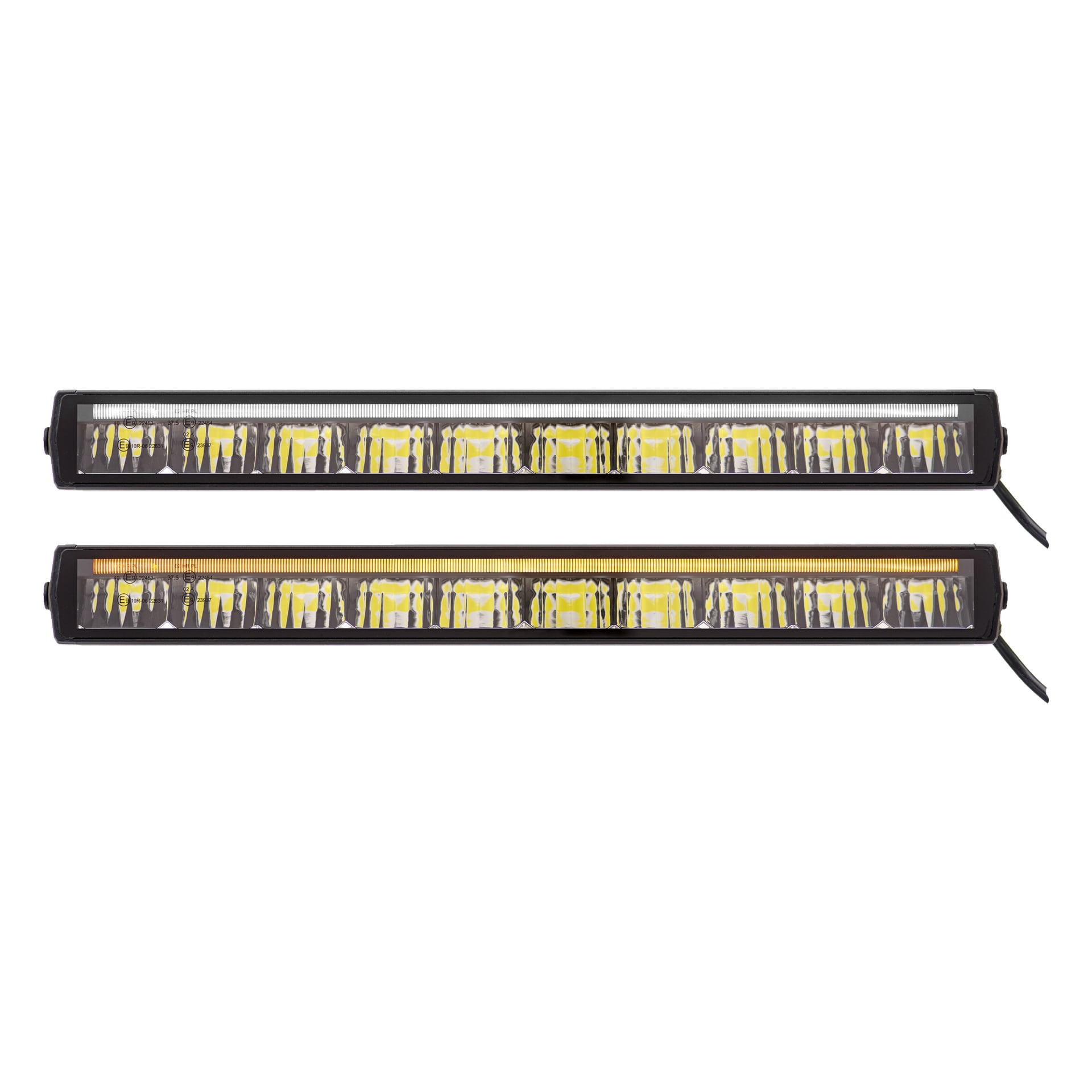 Två Hamron LED-ljusstavar placerade bredvid varandra, en lyste vitt och den andra med ett bärnstensfärgat sken. Båda lamporna har svarta ramar, synliga gula LED-komponenter inuti, och var och en har en ansluten strömkabel.