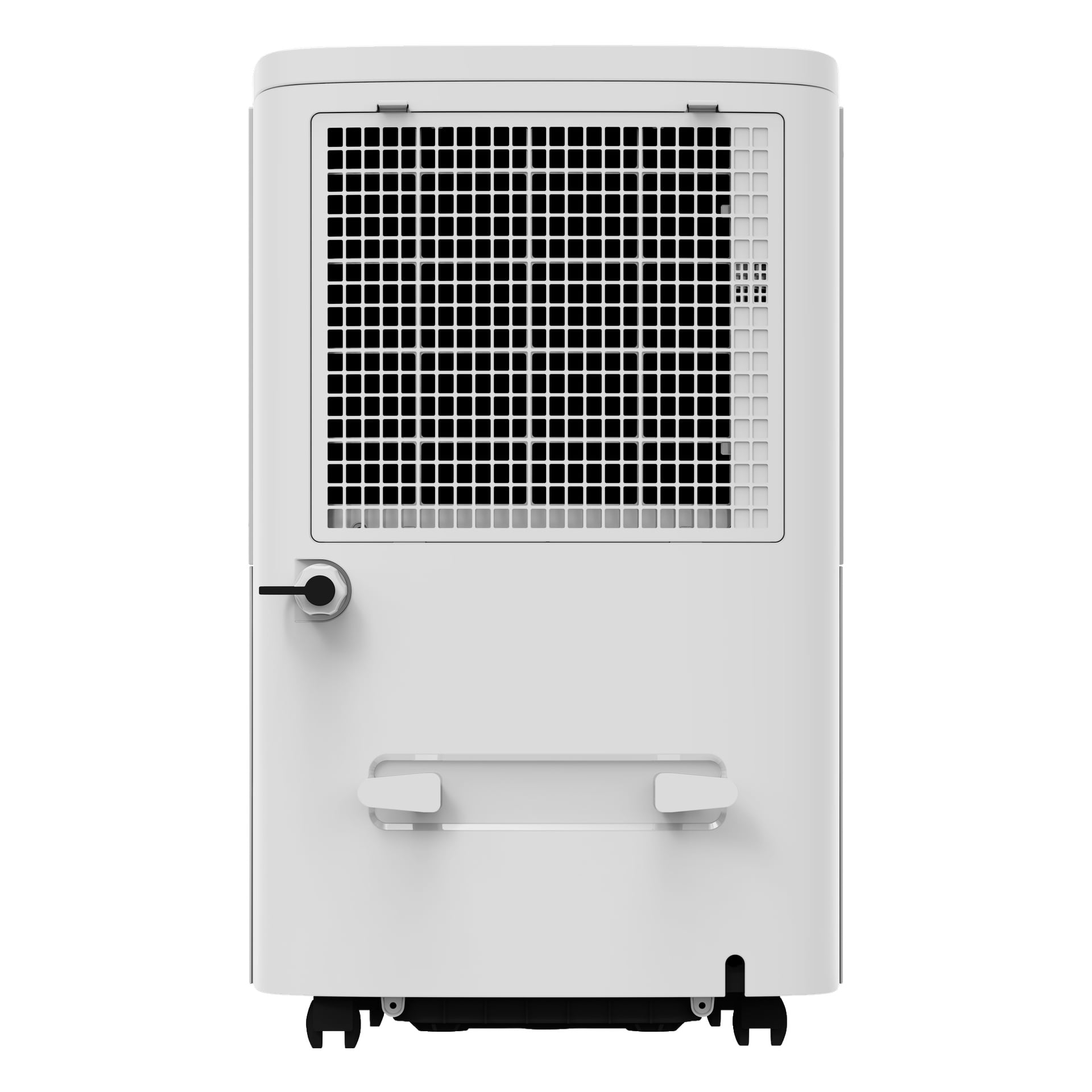 Baksida av Anslut Air-avfuktaren Smart som visar ett framträdande ventilationsnät, en rund slangkontakt på vänster sida, ett handtag nära den nedre delen och hjul som delvis är synliga längst ner.