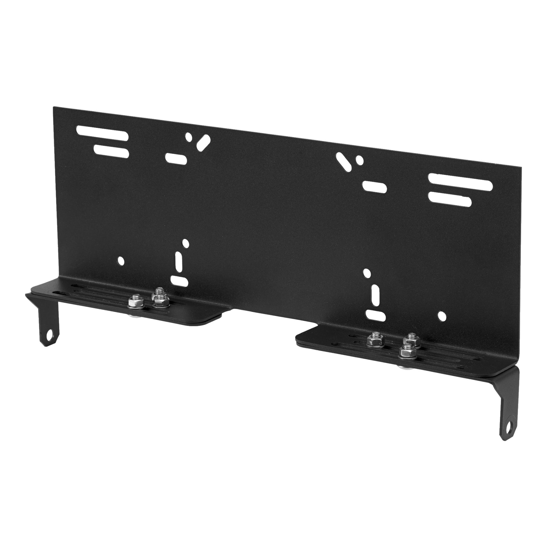 Hamron Adjustable Holder for Light Bar är ett svart metallfäste designat med flera hål och spår för mångsidiga monteringsmöjligheter. Den har två nedre sektioner med bultar och muttrar för att säkerställa att komponenterna sitter ordentligt fast.