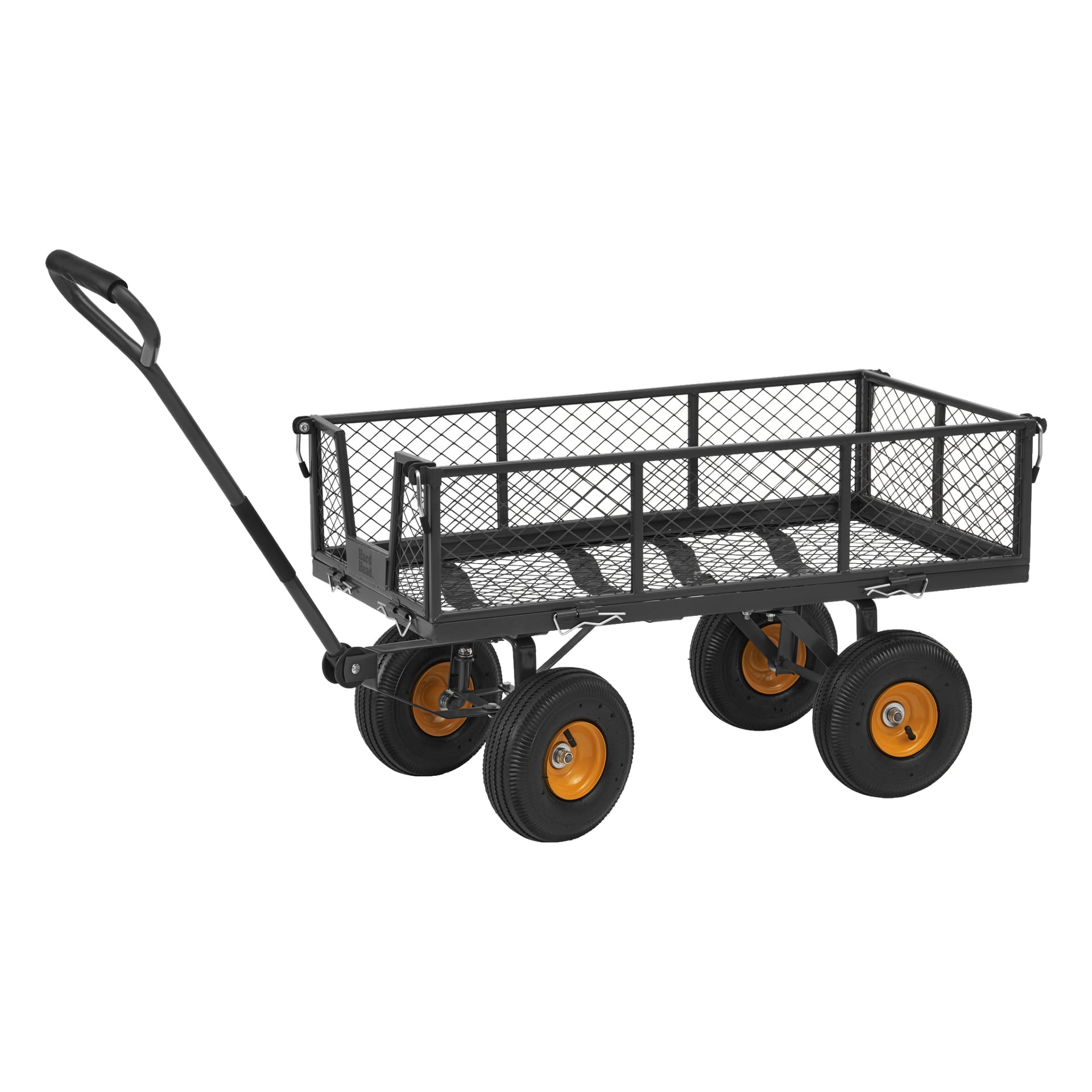 Hard Head to wózek transportowy z metalowej siatki z czterema dużymi kołami ozdobionymi pomarańczowymi środkami i długim przednim uchwytem ułatwiającym manewrowe ruchy. Boki wózka wykonane są z otwartych paneli siatkowych.