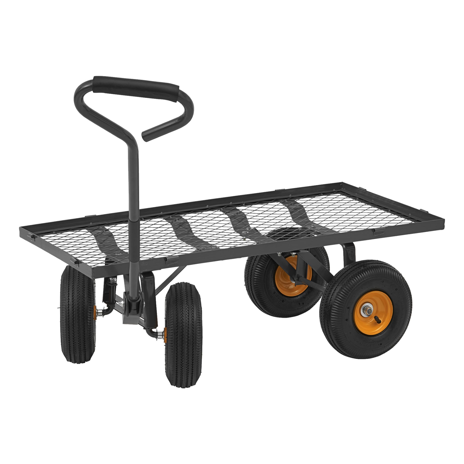 Wózek Hard Head Transport z solidną czarną metalową ramą, platformą z siatkowym dnem, czterema dużymi gumowymi kołami ozdobionymi żółtymi piastami oraz amortyzowaną rączką do ciągnięcia. Wózek jest pokazany jako pusty w profilu bocznym.
