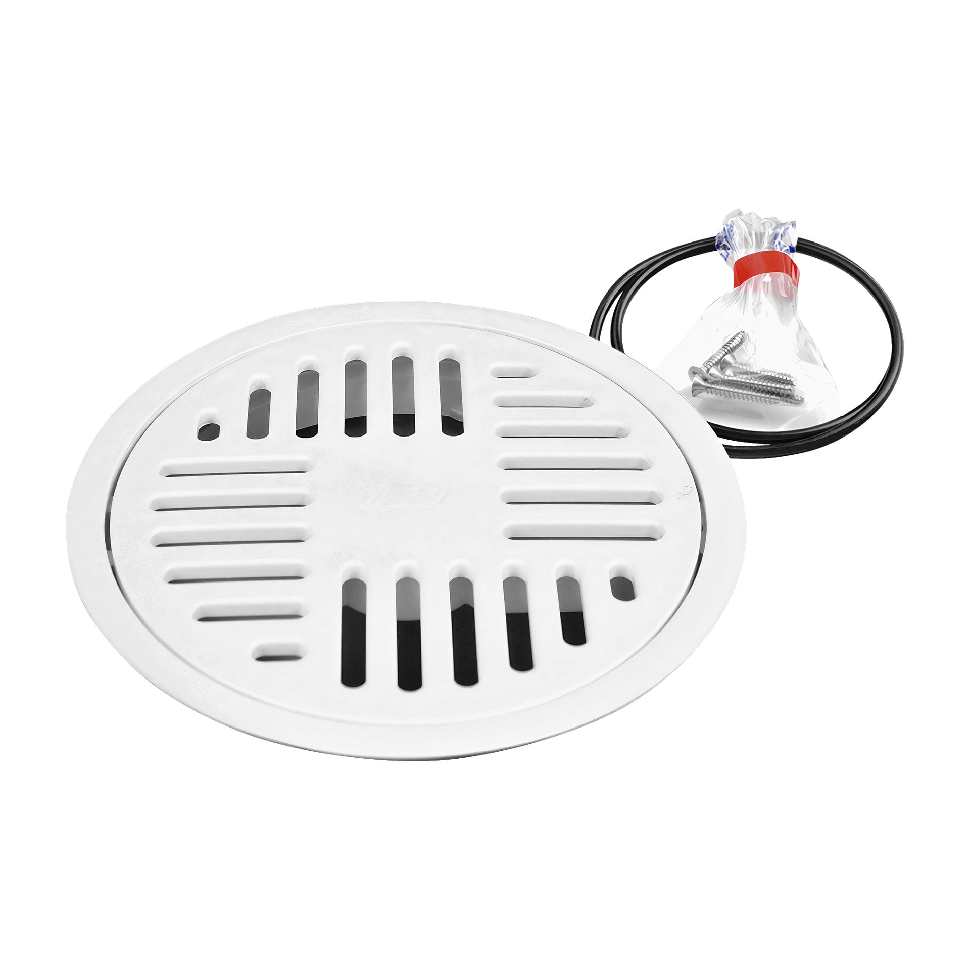 En JAFO golvavloppssil med ett runt metalllock som har vertikala och horisontella springor. Bredvid den finns en spiralad svart gummipackning och en genomskinlig påse som håller flera skruvar.