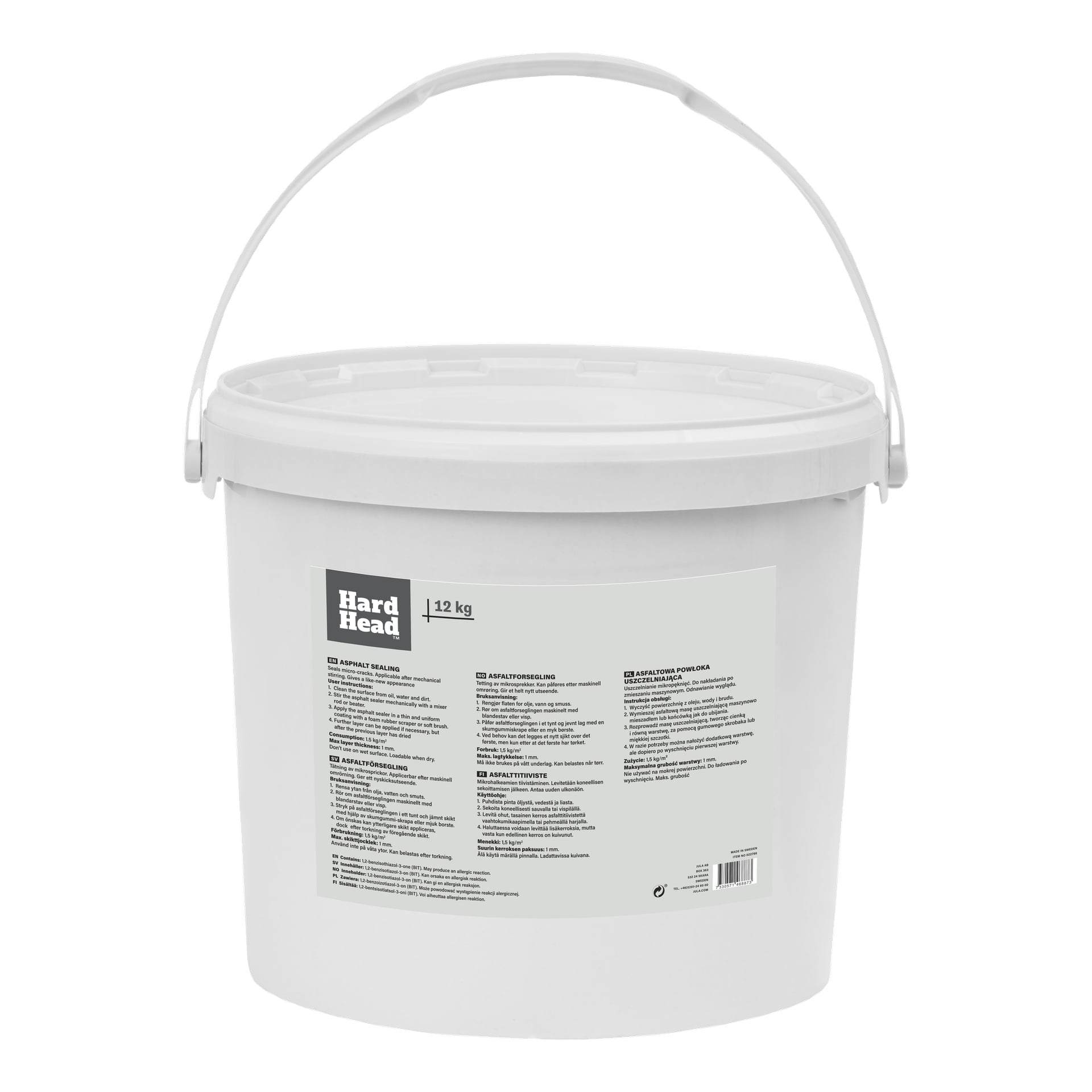 En asfaltforsegler pakket i en hvit 12 kg plastbøtte, utstyrt med håndtak og lokk. Forsiden viser Hard Head-merkelappen sammen med produktinformasjon.