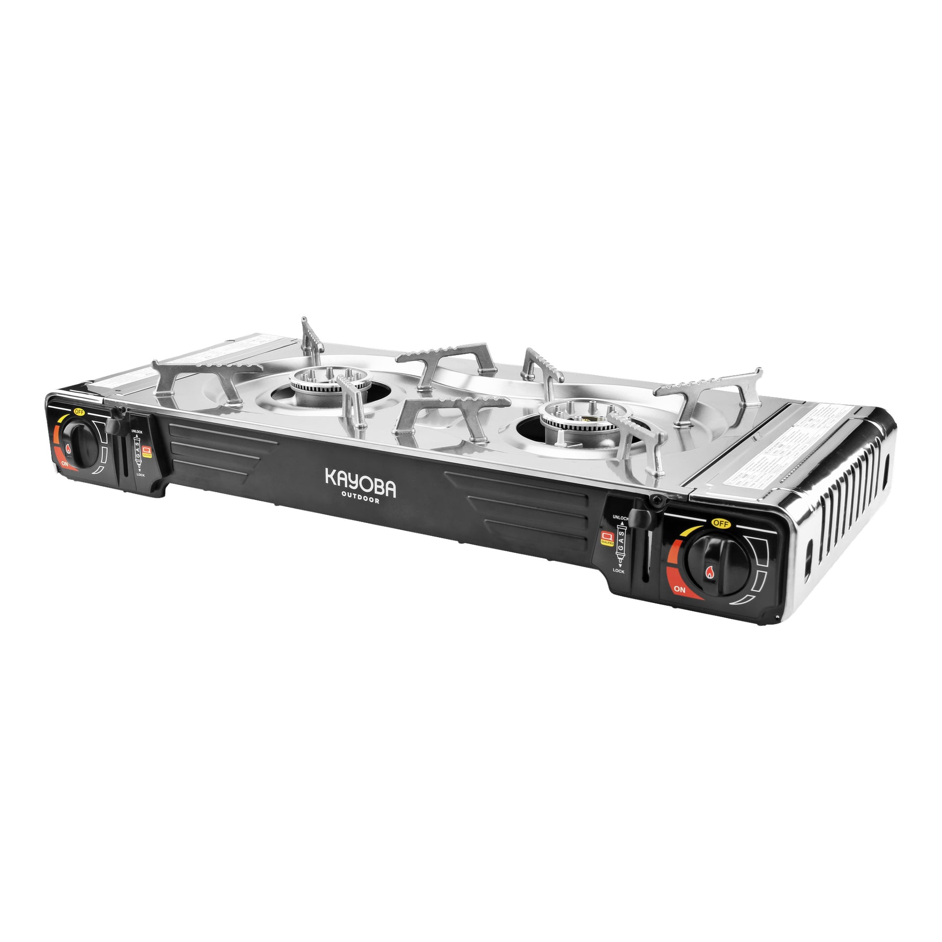 En svart och silverfärgad Kayoba portabel gasspis med två plattor, kontrollrattar och säkerhetsinstruktioner synliga på frontpanelen.