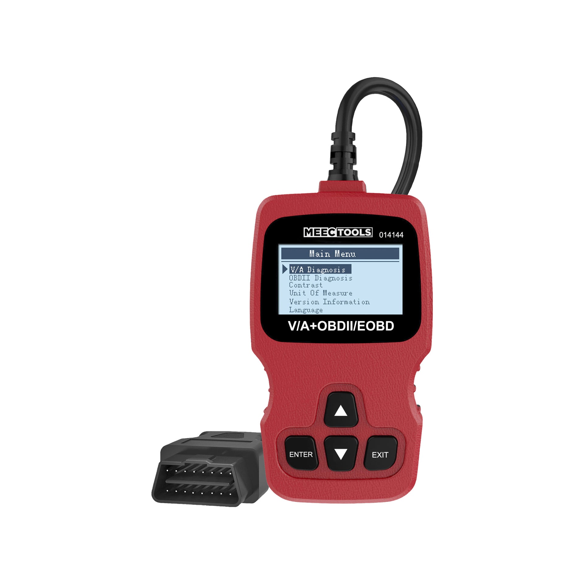 Czerwony czytnik kodów błędów Meec Tools do diagnostyki VAG i OBD-II, wyświetlający kompaktowy ekran z opcjami menu i czarnymi przyciskami, przedstawiony z podłączonym złączem OBDII.