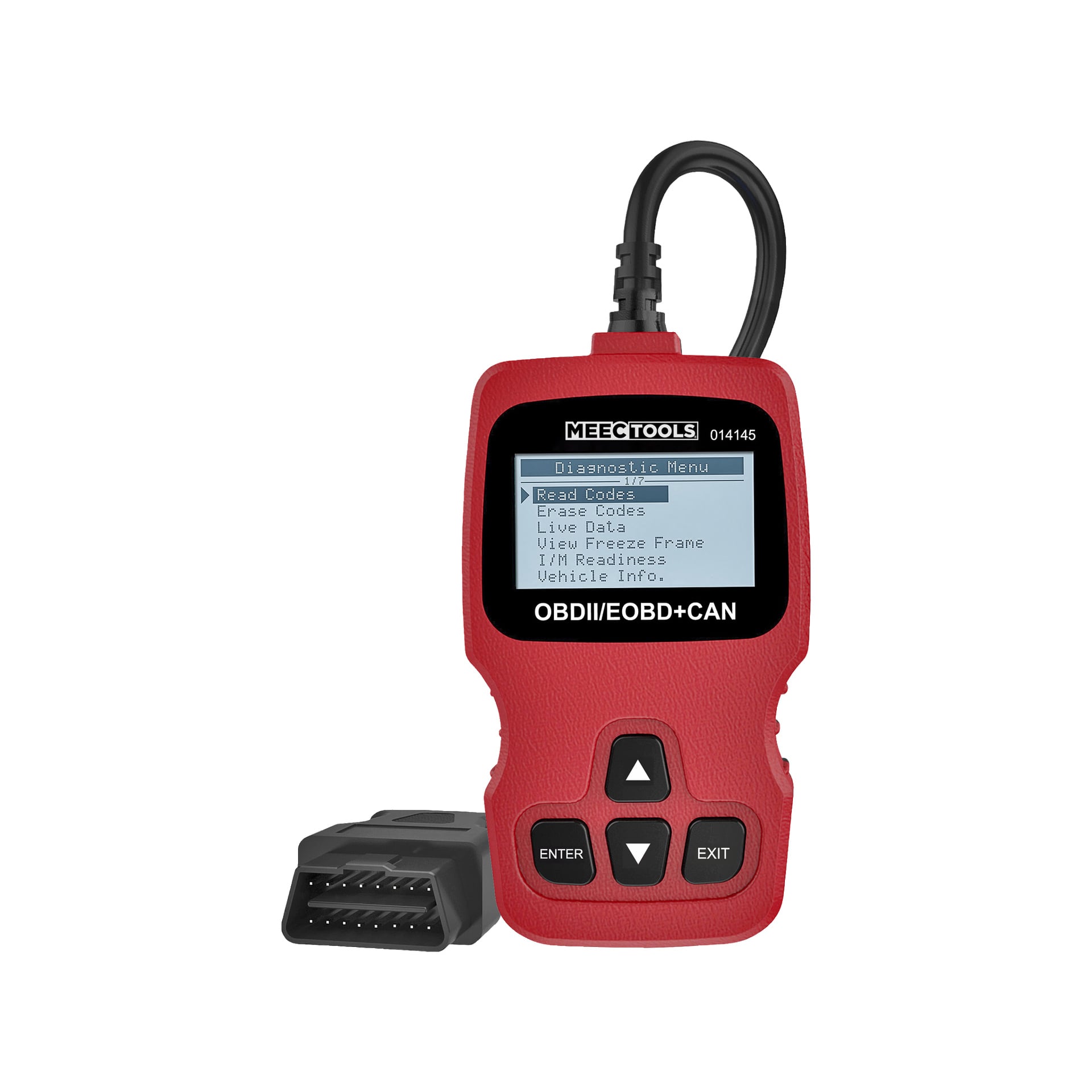 En röd Meec Tools OBD-II/EOBD+CAN bildiagnostikskanner med en kompakt display som presenterar alternativ som läskoder och raderkoder, utrustad med fyra svarta kontrollknappar och en ansluten kabel som slutar i en OBD-kontakt.