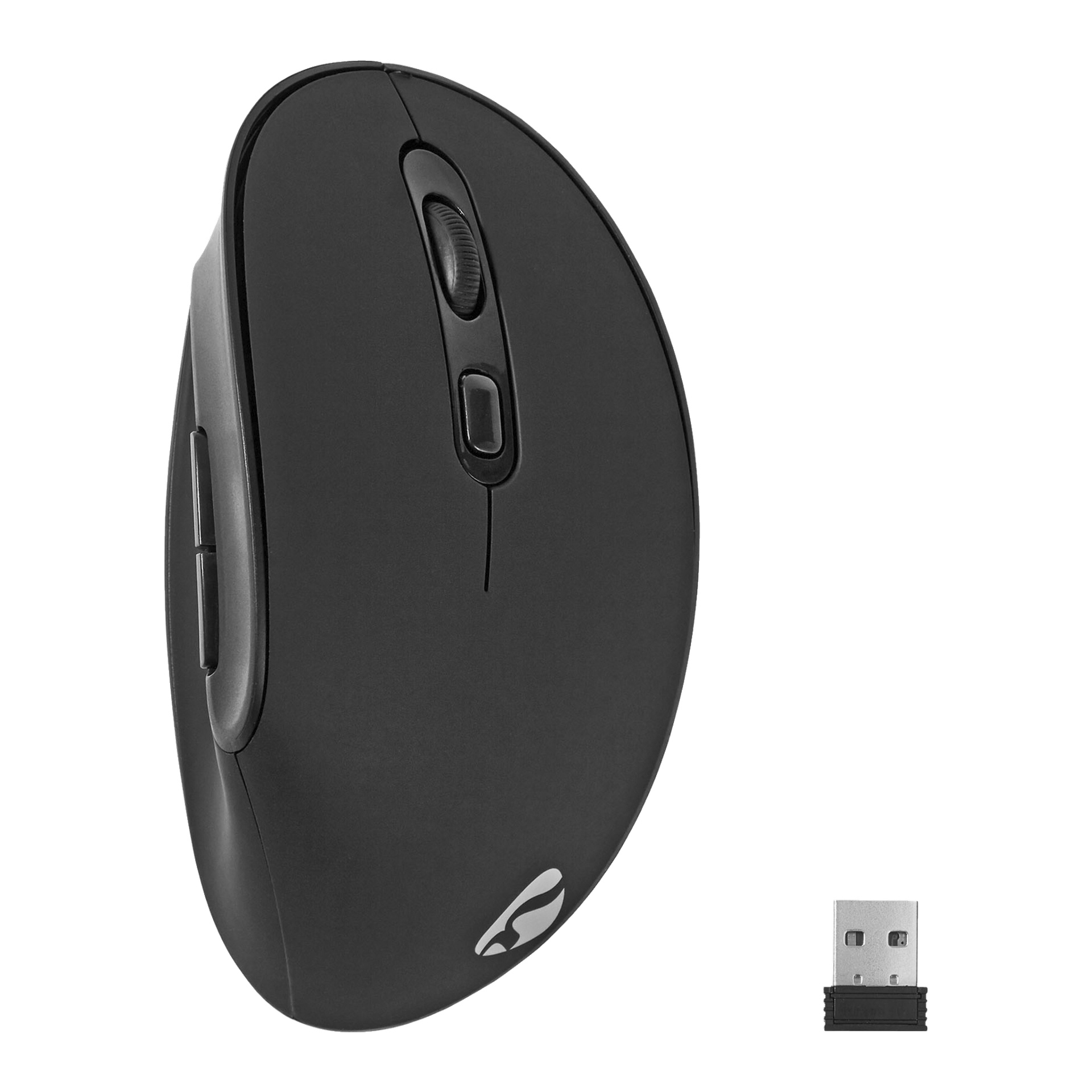 En svart Nedis vertikal trådlös mus med två huvudknappar, ett scrollhjul, extra sidoknappar och en separat USB-mottagare.