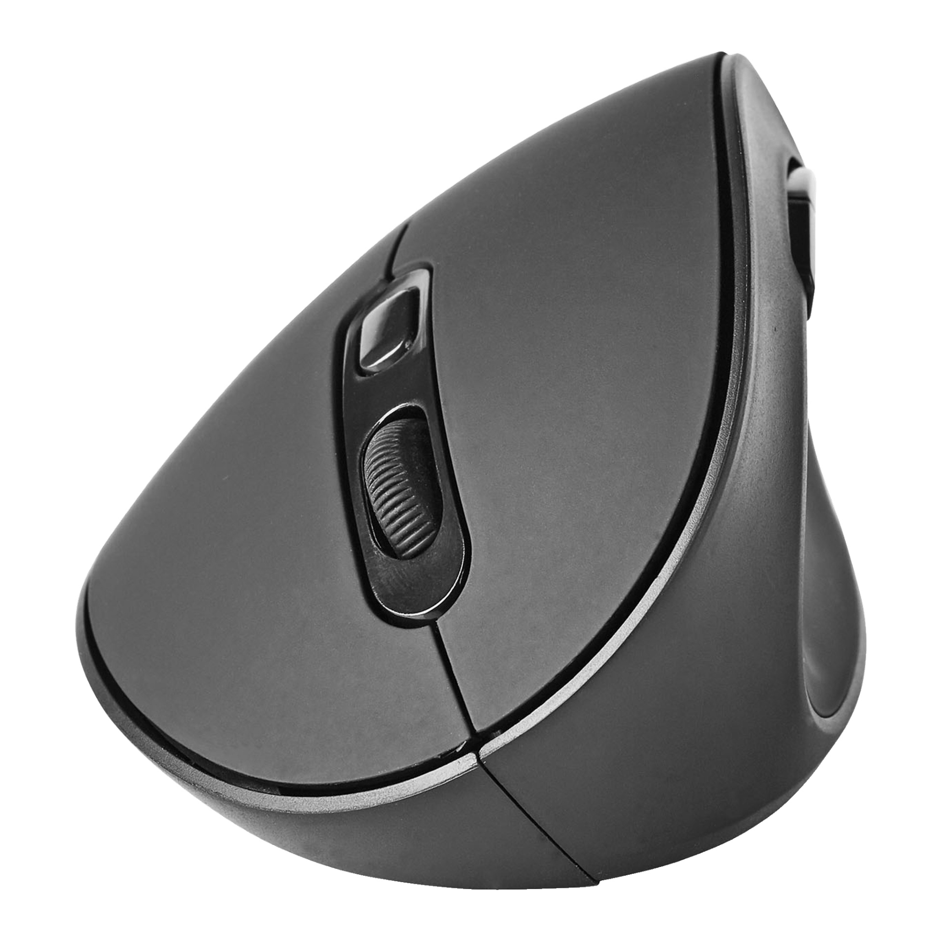 En Nedis vertikal trådlös mus med en ergonomisk svart design, utrustad med ett scrollhjul och knappar utformade för att minimera handledsbelastning.