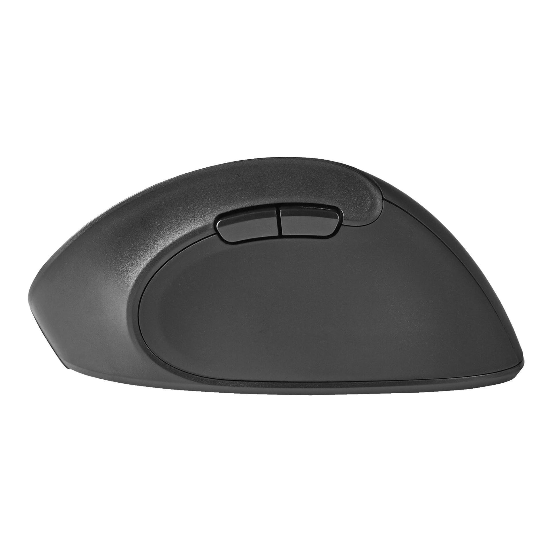 En svart Nedis vertikal trådlös mus med ergonomisk vertikal form, två sidoknappar och en slank matt yta.