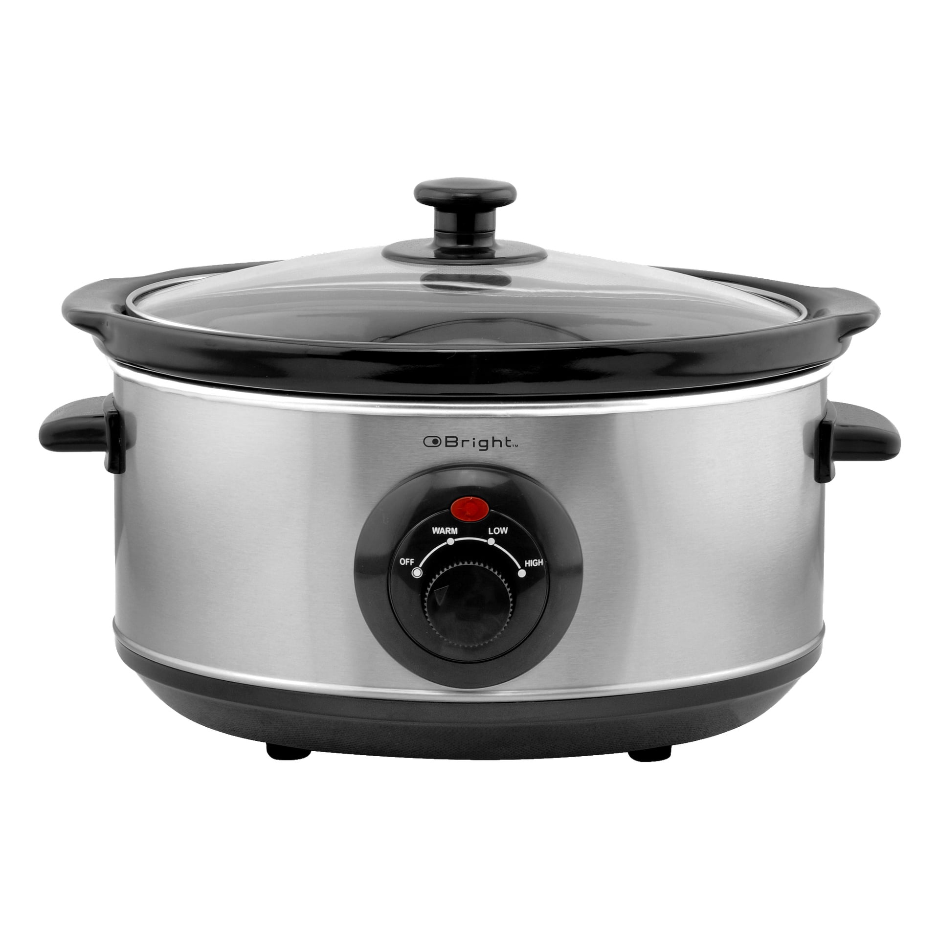 En Bright Slow Cooker med rostfritt stål-exteriör, glaslock och svarta handtag; En främre kontrollknapp visar inställningar för av, värme, låg och hög. Varumärket är tryckt på frontpanelen.
