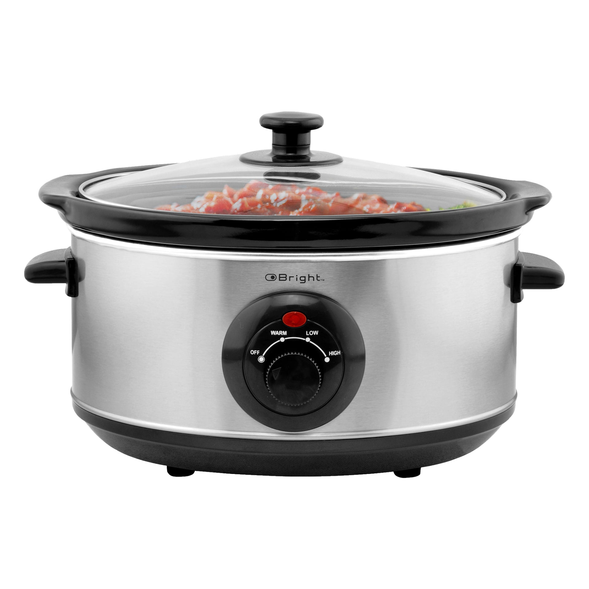 En rostfri stål-slow cooker med glaslock rymmer maten inuti. Framsidan visar Bright-logotypen, kontrollratten är vriden till High och stadiga svarta handtag är fästa på varje sida.