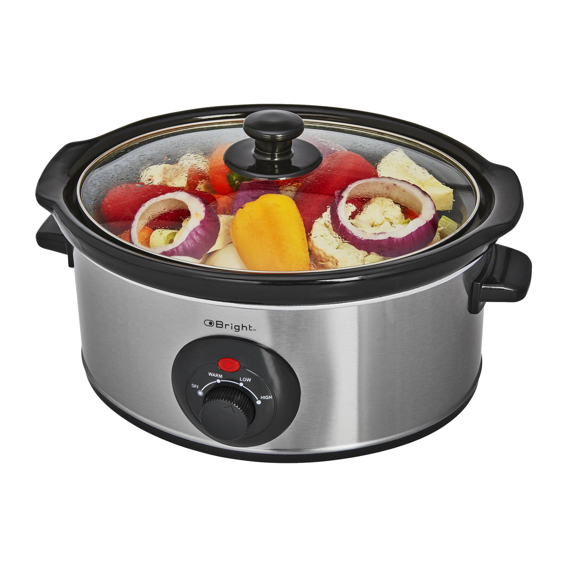 En rostfri Bright slow cooker med genomskinligt glaslock, innehållande en blandning av grönsaker inklusive rödlök, morötter, blomkål och tomater. Ratten på framsidan visar inställningar för av, värme, låg och hög.