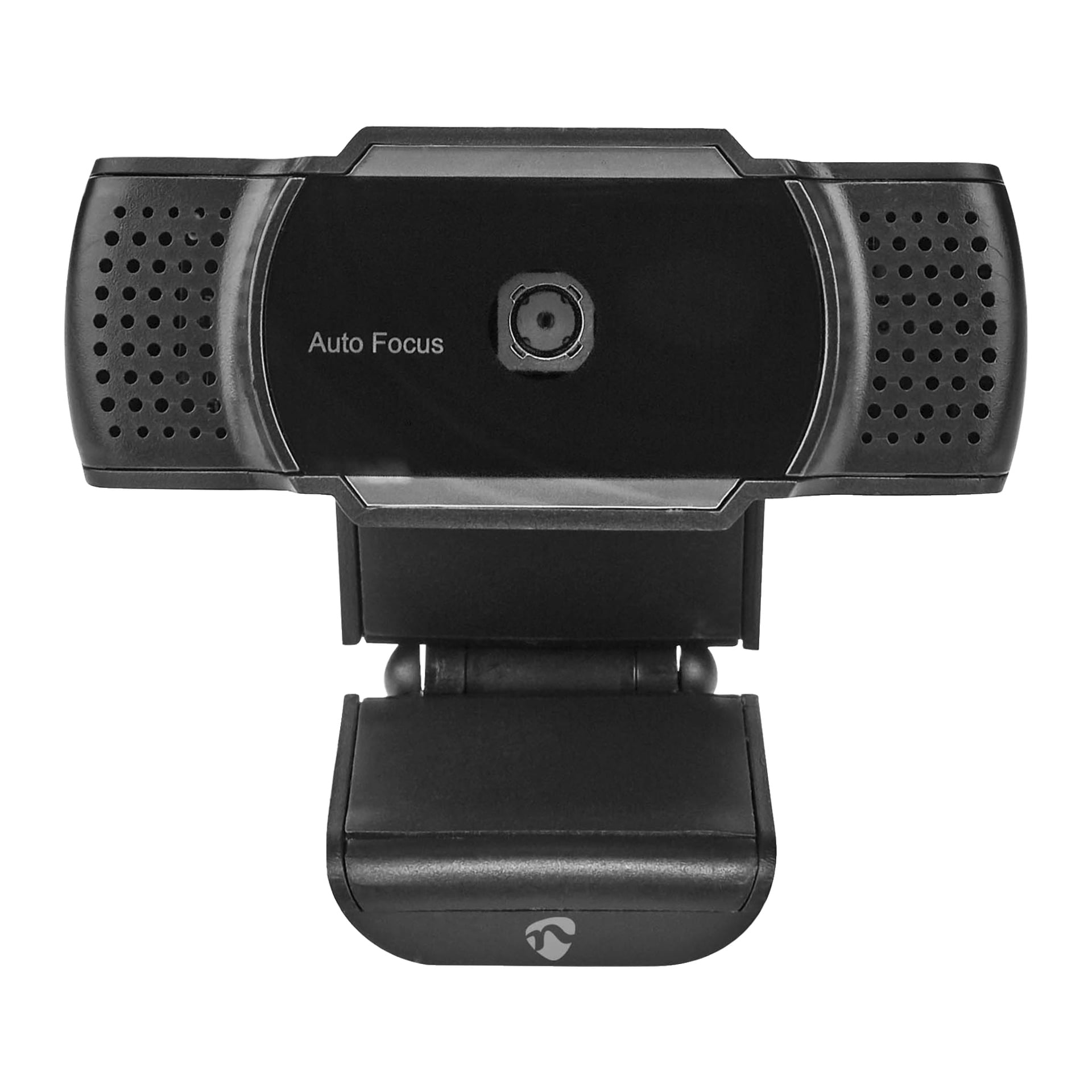 Nedis Webcam WCAM110BK är en elegant svart webbkamera med "Auto Focus" markerat på frontpanelen. Den har en central lins, mikrofonhål på vardera sidan och en justerbar bas som passar för montering på monitorer eller andra plana ytor.