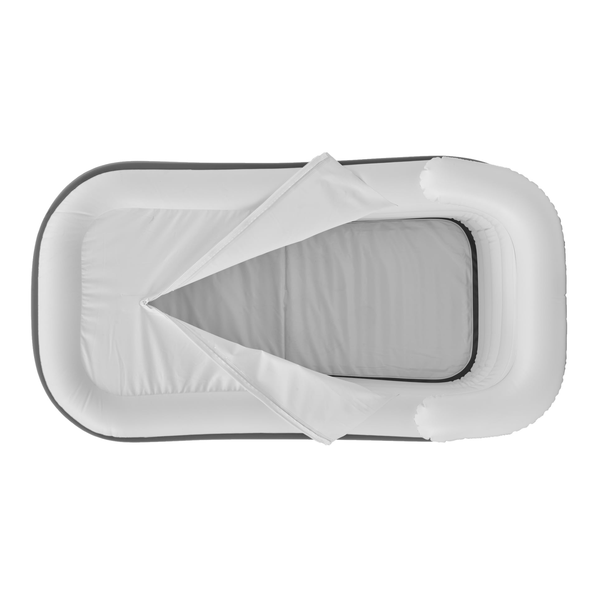 Uppifrån och ner av EKVIP Inflatable Bathtub, som visar dess släta vita yta, böjda kanter och ett delöppet lock som är delvis öppet för att visa insidan.