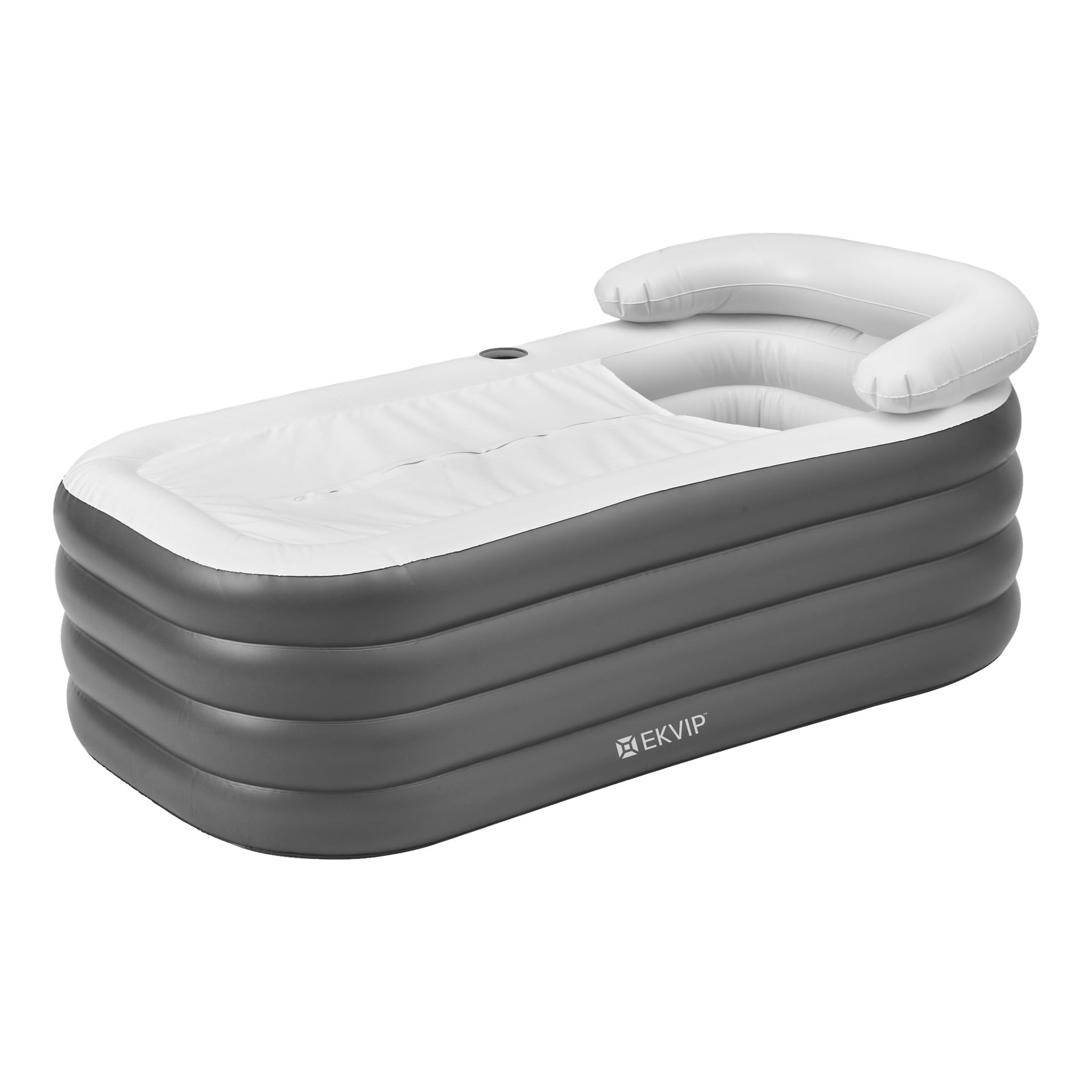 EKVIP Inflatable Bathtub visar upp ett grått och vitt vinylutseende med upphöjd huvudstöd och stadiga sidoväggar, lämpliga för inomhusbruk. "EKVIP" visas tydligt längs sidan.