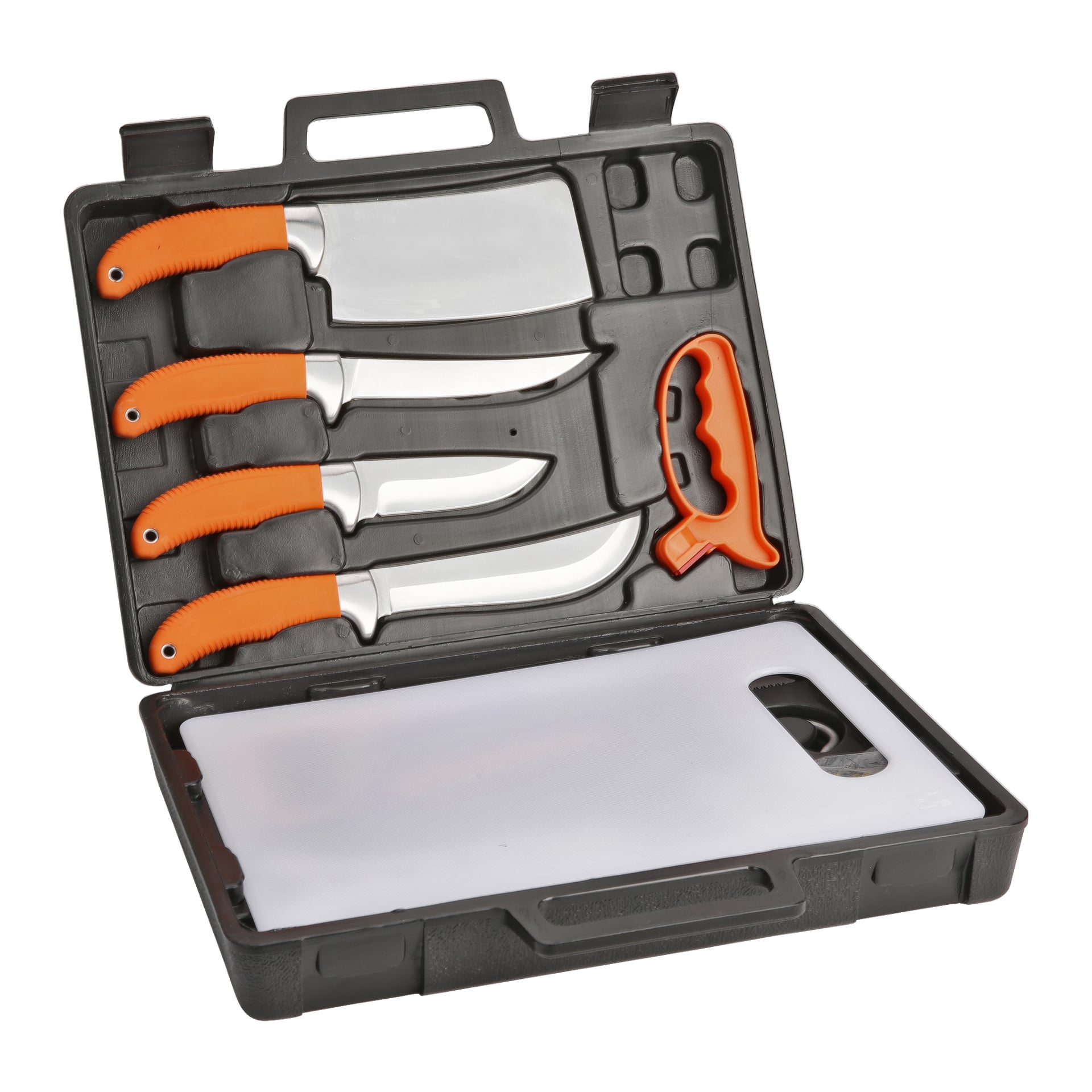 Ett Kayoba Butcher Set 9 Pack har ett stadigt svart plastfodral med specialformade spår och ett bärhandtag. Inuti finns fyra knivar med klarorange handtag, en handhållen knivslipare och en vit skärbräda.