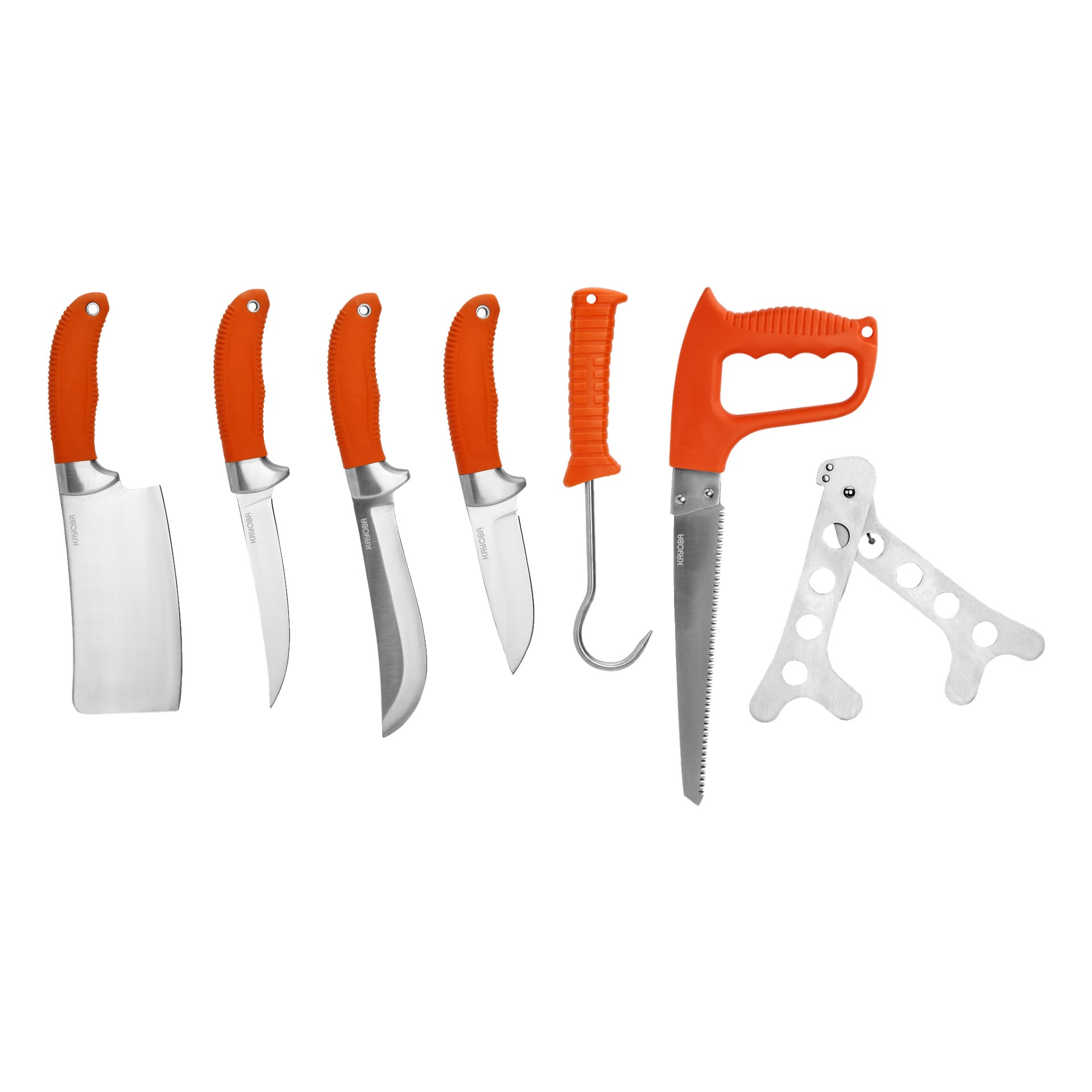 Ett nio-delat Kayoba Butcher-set är prydligt arrangerat i en rad och visar metallverktyg med klara orange handtag som en köttyxa, tre olika knivar, en krok, en såg och ett multiverktyg med cirkulära utskärningar.
