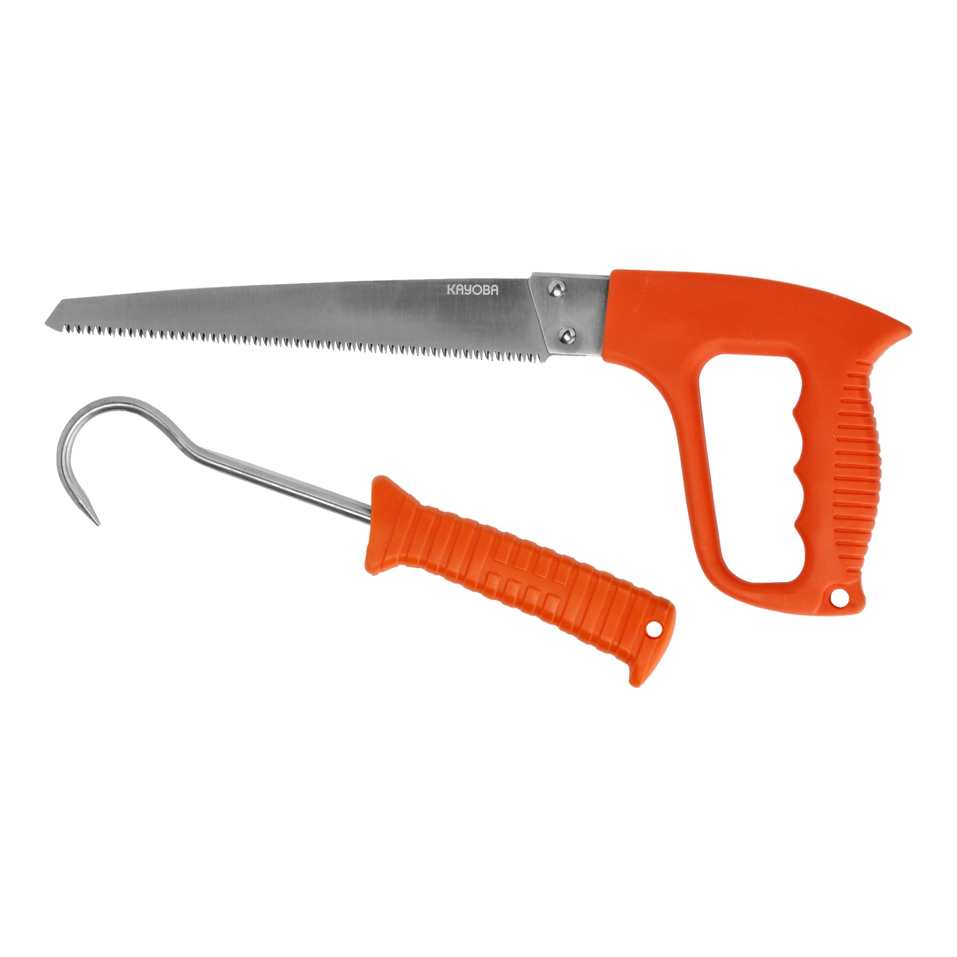 Ett Kayoba Butcher-set med 9 paket visas, inklusive en metallsåg med orange handtag och ett krokigt verktyg med matchande handtag.