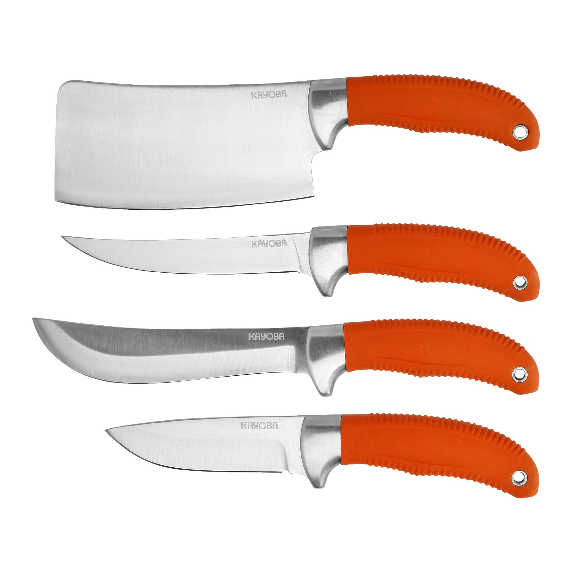 Fyra knivar från Kayoba Butcher Set 9-packet är arrangerade i en rad, var och en med ett silverblad och ett handtag med orange texturer. Knivarna varierar både i form och storlek, och varumärket "Kayoba" finns på varje blad.