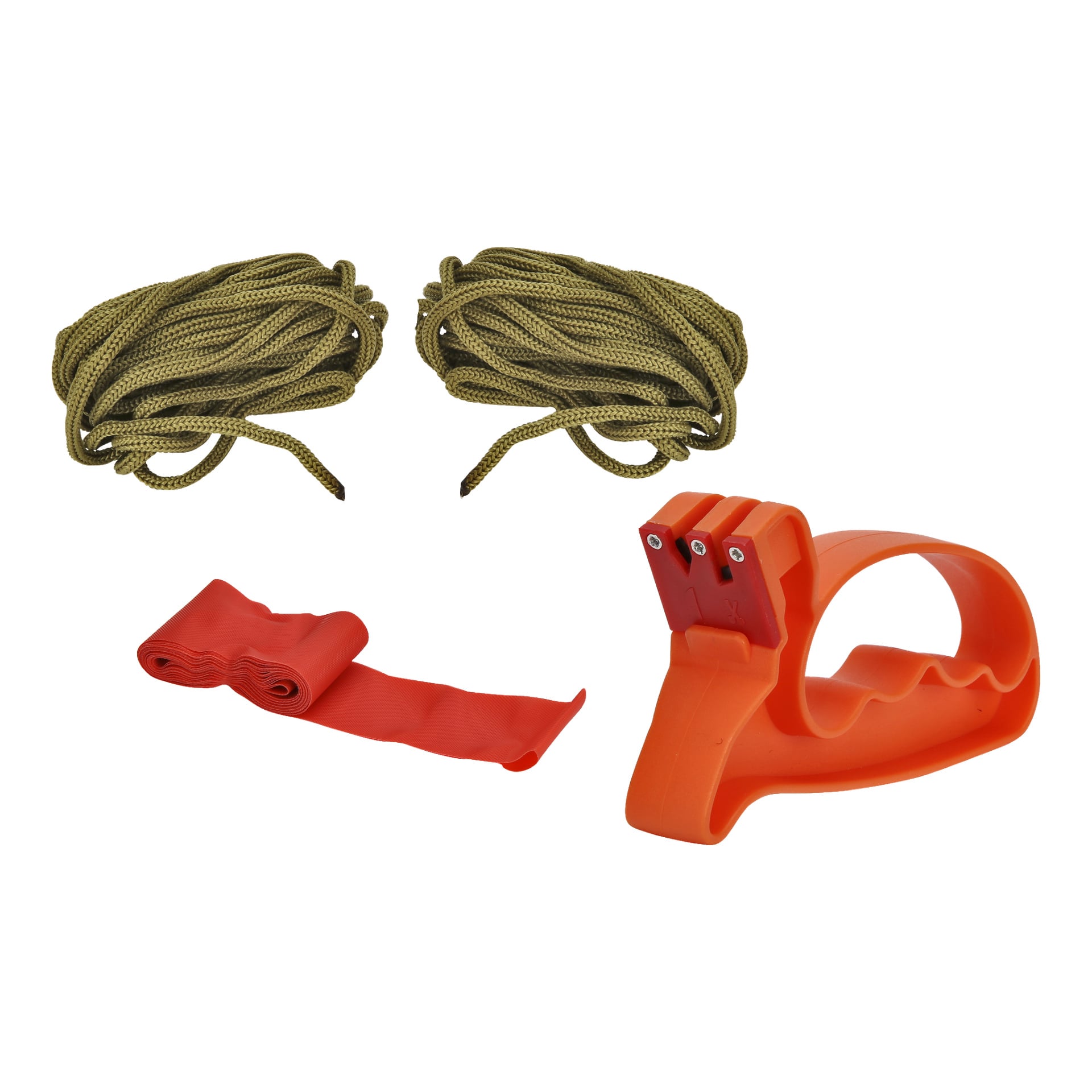 Ett urval från Kayoba Butcher set 9-packet innehåller två ringlade rep i khakigrönt, ett rullat rött gummiband och ett orange plastverktyg med handtag.