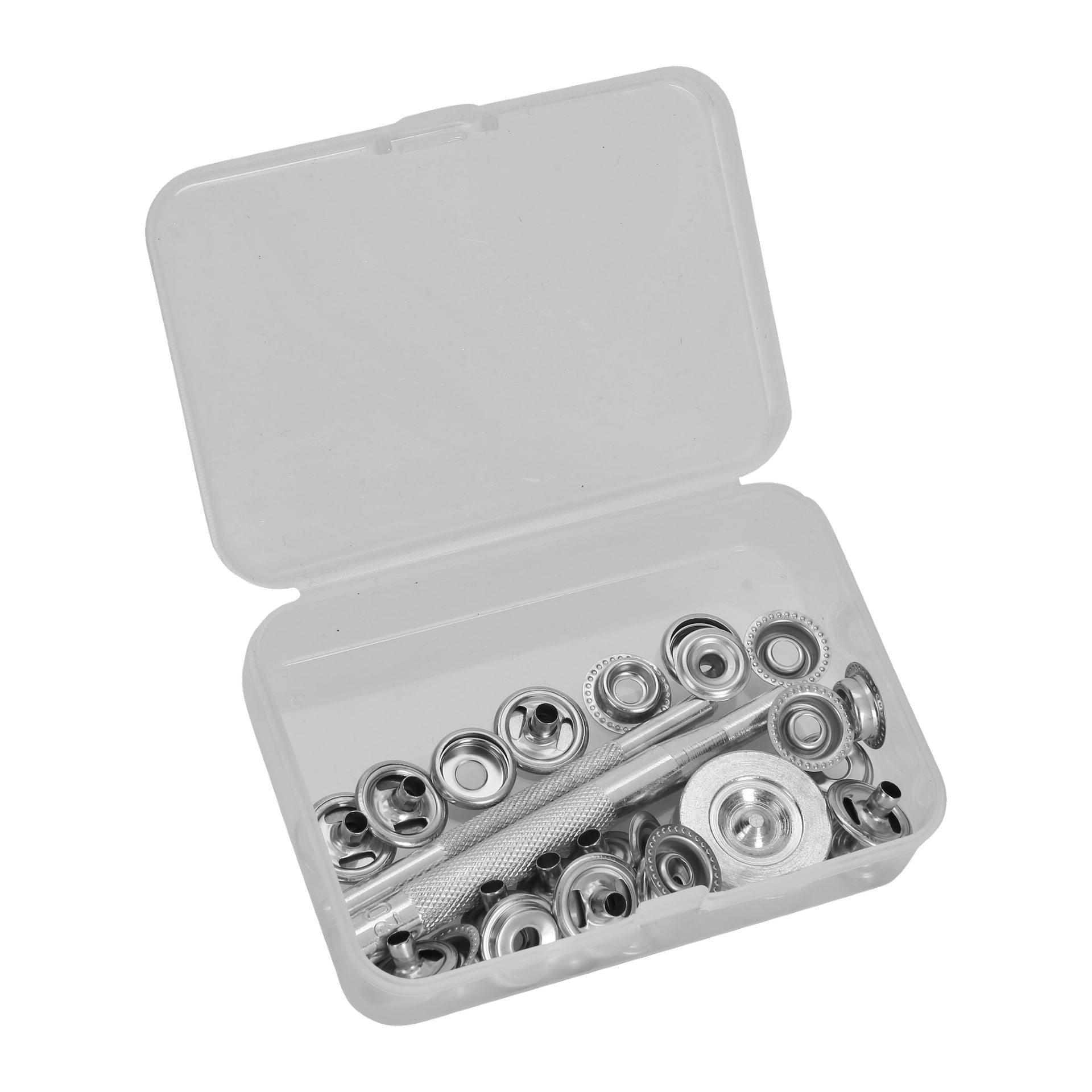 En genomskinlig plastbehållare rymmer ett 10-pack med Hard Head Push-knappar och ett monteringsverktyg, synligt med locket öppet för att avslöja prydligt arrangerade metallknappar och metallfästet inuti.