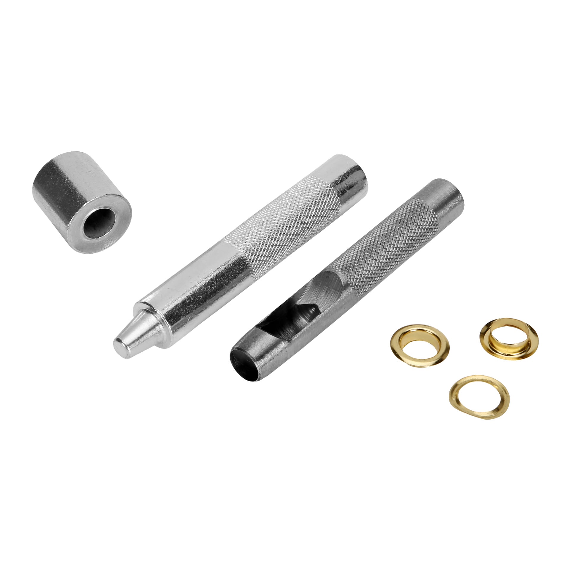 Ett Hard Head Eyelets 20-paket visas, inklusive ett metallfästningsverktyg med texturerat grepp, en cylindrisk accessoar och fyra guldringar för ringringar.