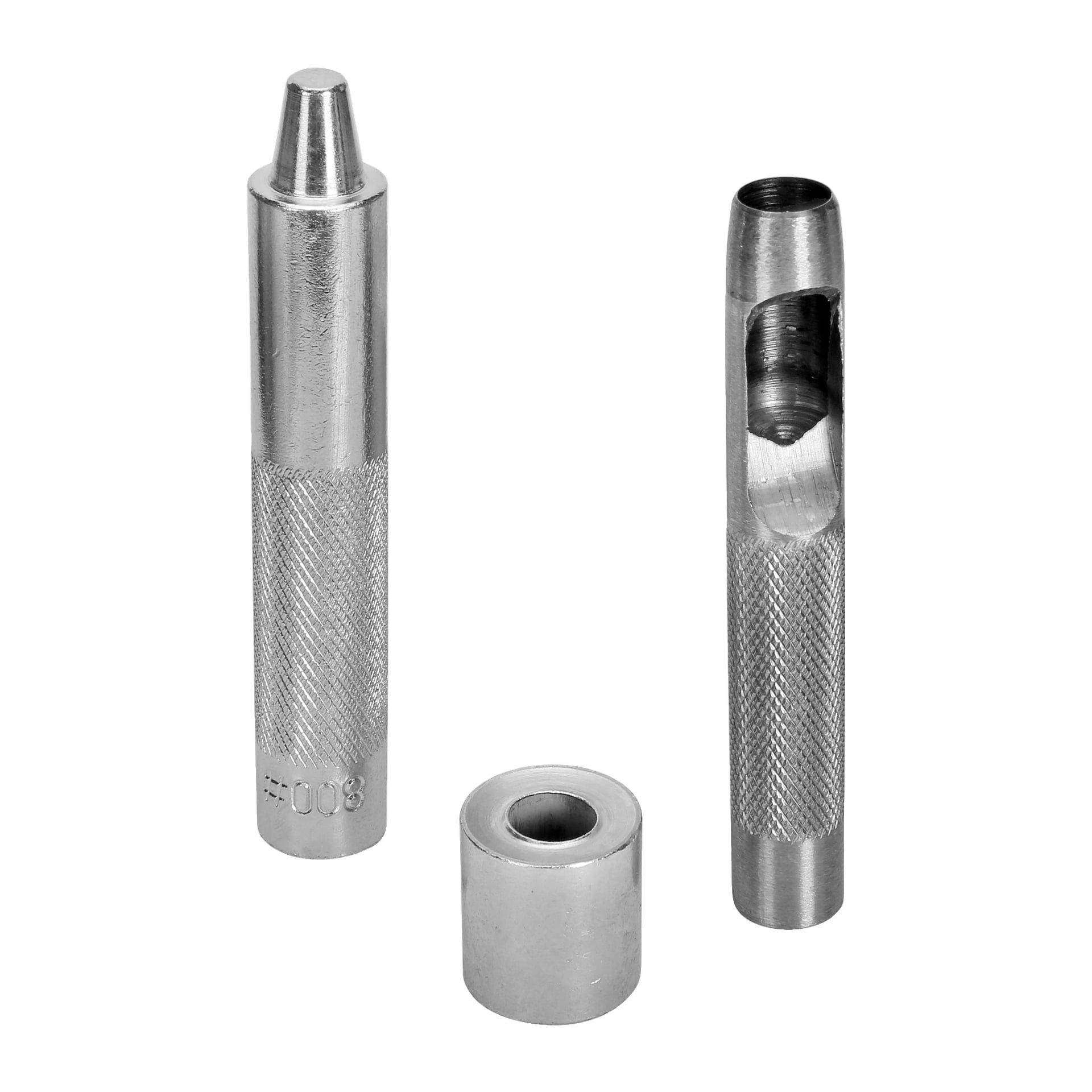 Tre metallverktyg från Hard Head Eyelets 20-pack visas: en stans med rundad spets, en cylindrisk krage och en ihålig stans med öppning på sidan. Alla tre har texturerade grepp och metalliska ytbehandlingar, arrangerade upprätt.