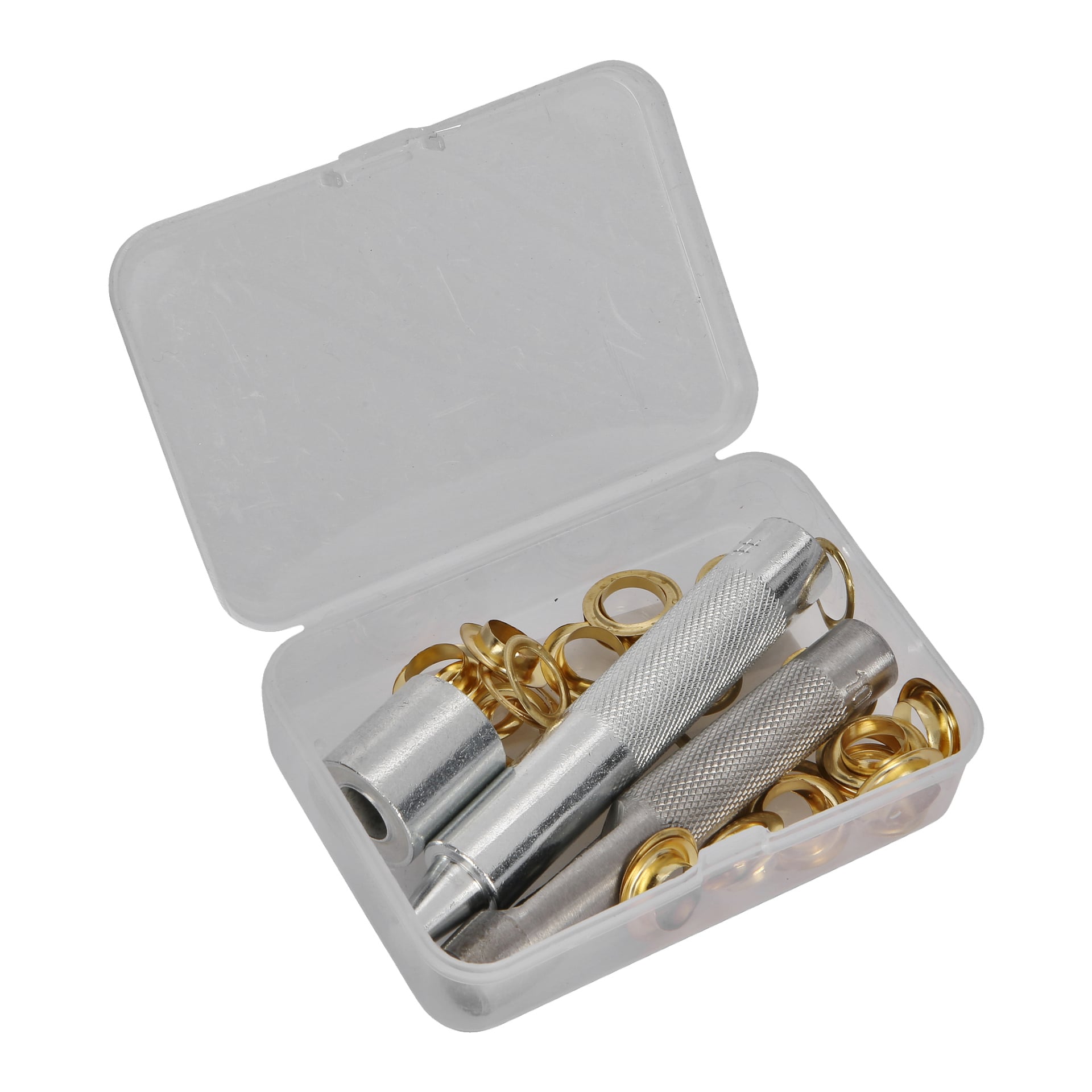 En genomskinlig plastlåda med hårda huvud märkt "Eyelets 20 pack" innehåller metallverktyg med texturerade grepp och flera guldringar, avsedda för att fästa öglor eller omlädringar på tyg eller läder.