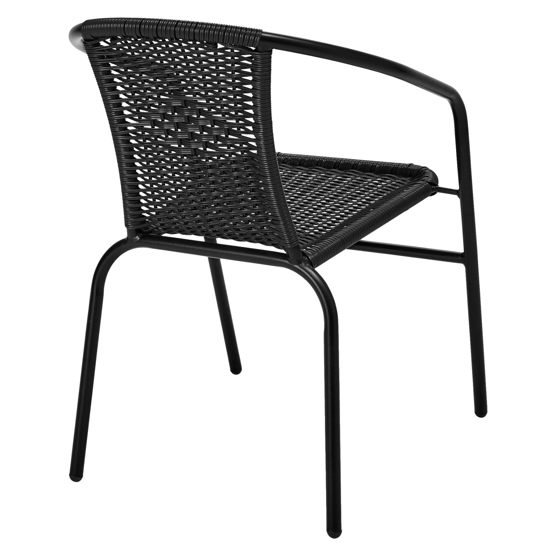 EKVIP Café-stolen har et minimalistisk, moderne utseende med sin svarte metallramme og jevnt buede armlener. Setet og ryggstøtten er laget av intrikat vevd plast. Avbildet i en vinkel bakfra, har stolen fire rette ben.