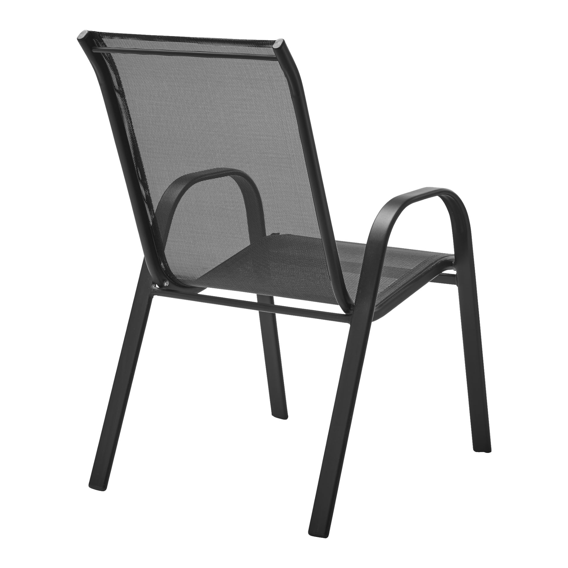 En EKVIP svart metallstol sett bakifrån visar en nätsits och ryggstöd, mjukt böjda armstöd och vinklade ben.