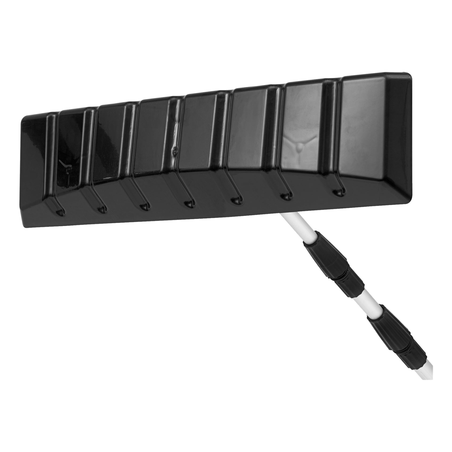 En detaljerad vy av Hard Head teleskopiska taklutning visar ett svart plasthuvud med flera spår designade för att rensa snö från tak, kopplat till ett segmenterat vitt handtag som sträcker sig uppåt i en vinkel.