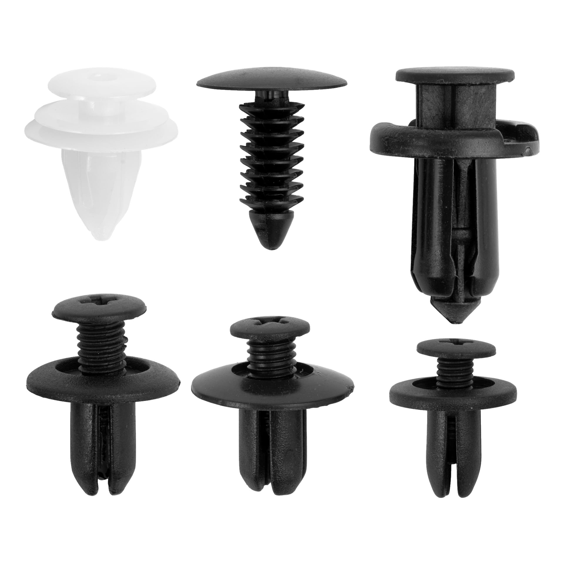 Hundre Hamron plastklips i svart-hvitt, med ulike hode- og stammedesign, er arrangert for å fremheve deres ulike former og størrelser.