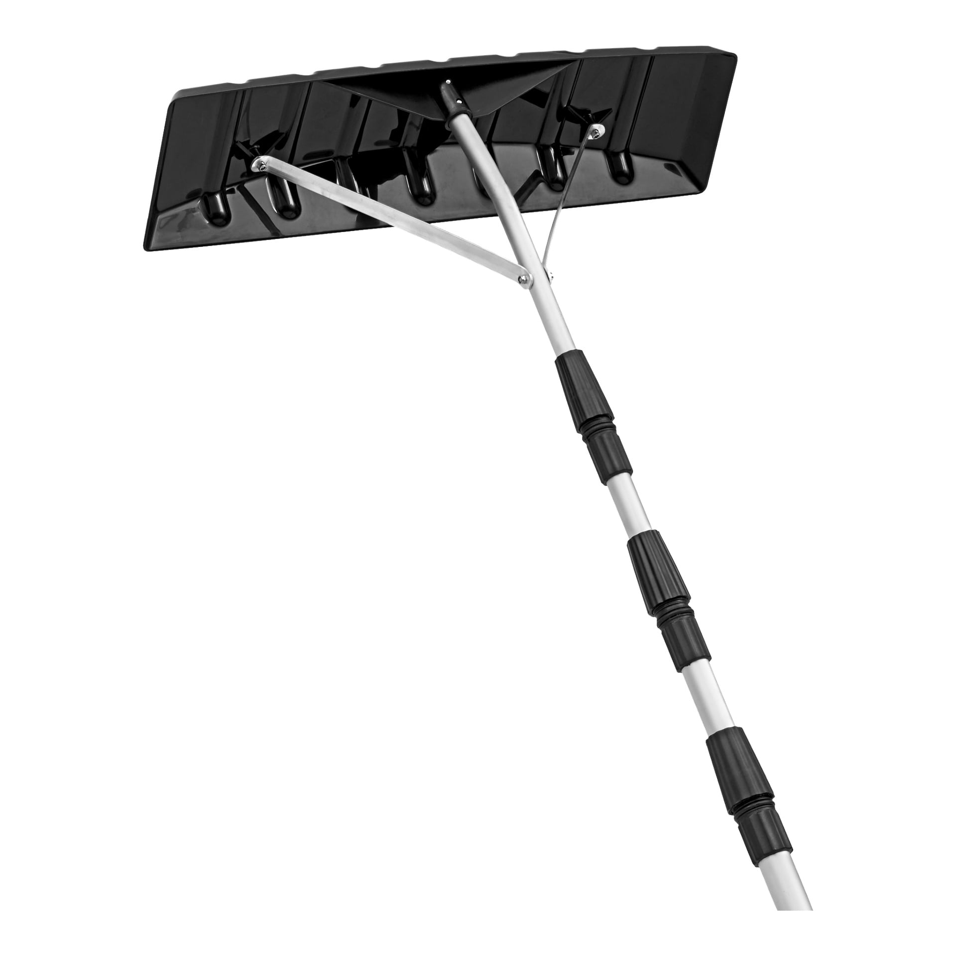 En Hard Head teleskopisk taklutning med ett brett svart plastblad och ett silverhandtag som kan fällas ut, med svarta grepp, synligt från en låg vinkel.