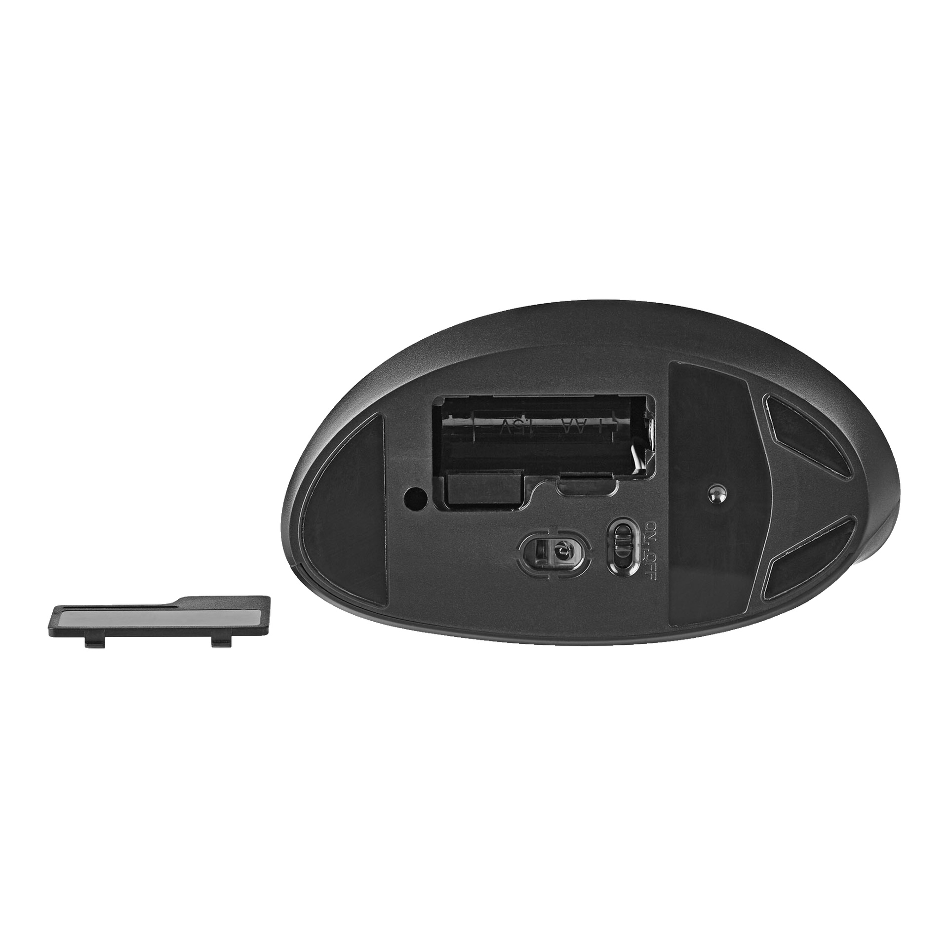 Undersidan av en svart Nedis Vertical-trådlös mus syns med batterifacket öppet och det borttagna batterilocket placerat bredvid.