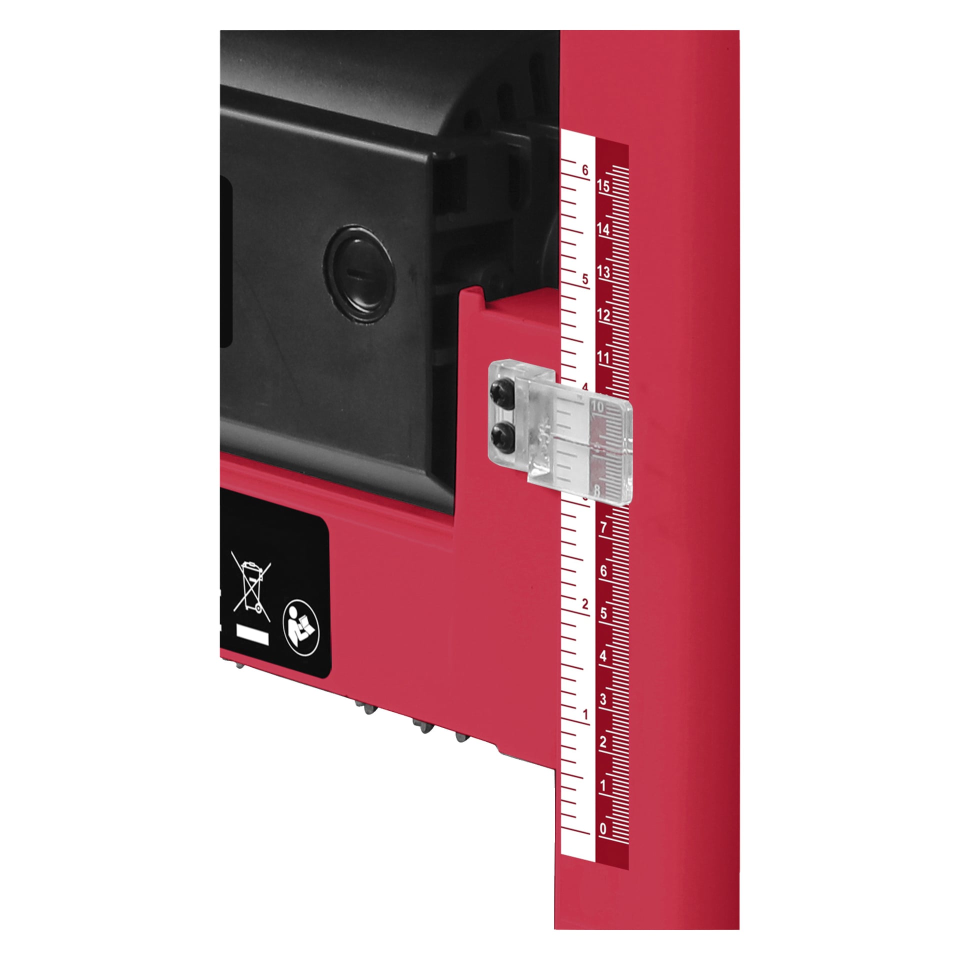 Nærbilde av Meec Tools PL-W HOME 330-høvel med en rød cm-linjal, pekefinger på 11 cm, og en del av en svart-hvit klistremerke til venstre.