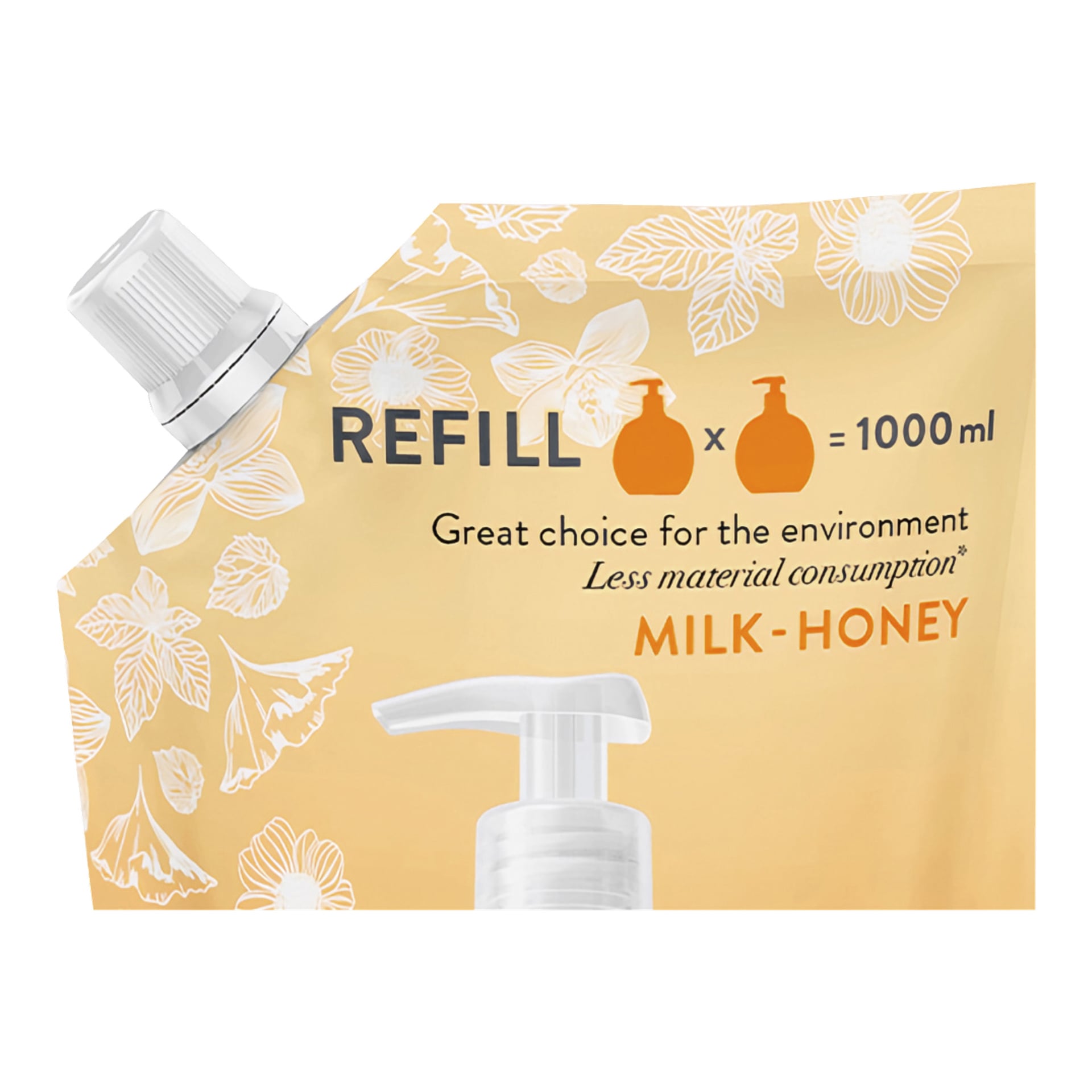 En närbild på en gul Gunry Hand Soap Refill Milk & Honey-påse prydd med vita blommönster, med orden "REFILL", "1000ml", "Bra val för miljön" och "MILK-HONEY." Förpackningen visar också illustrationer av pumpflaskor och en påfyllningspip.