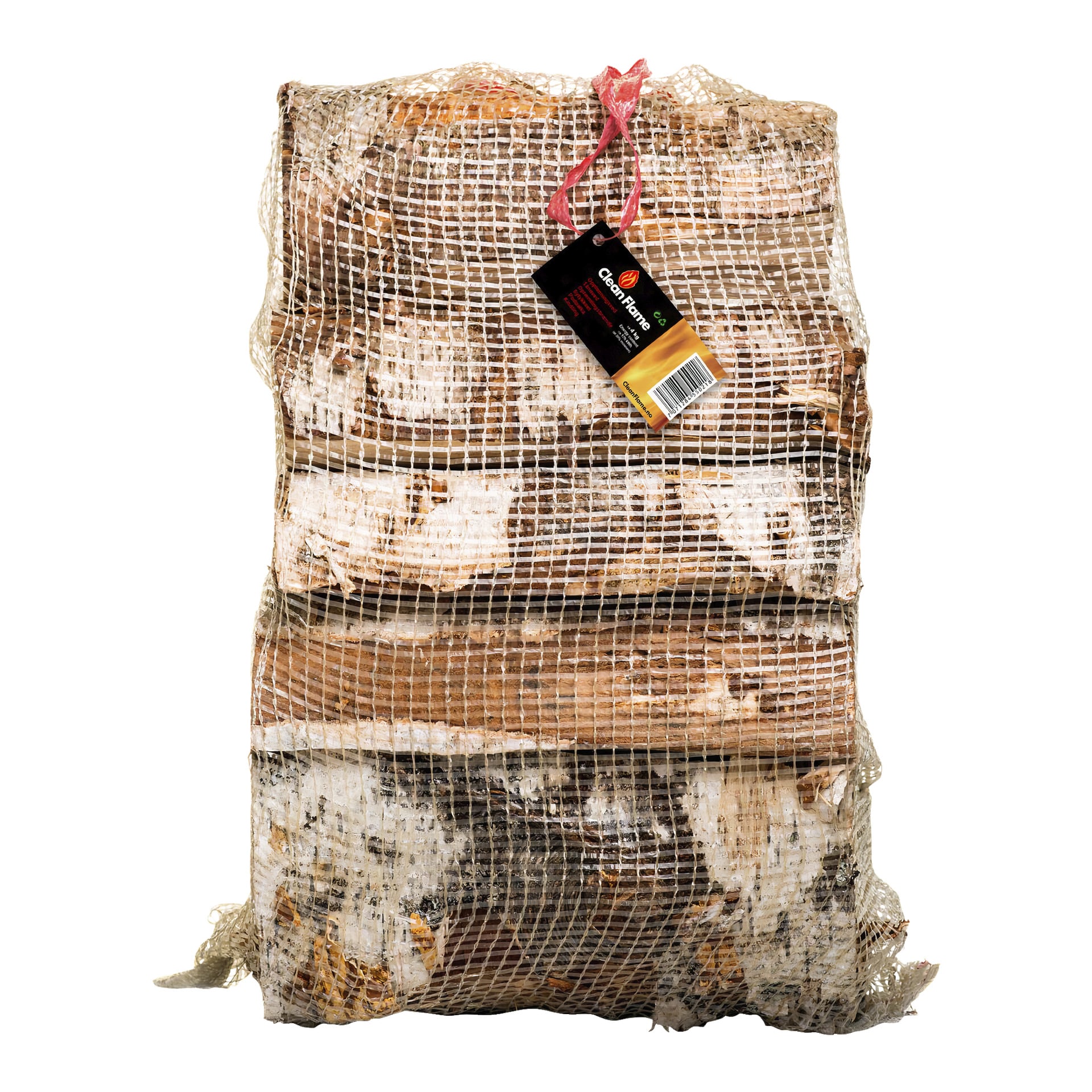 En vertikalt staplad nätpåse innehåller Cleanflame Firewood, säkrad med en röd slips upptill och med en svart och röd Cleanflame-etikett. Den nätförsedda förpackningen gör att veden syns inuti.