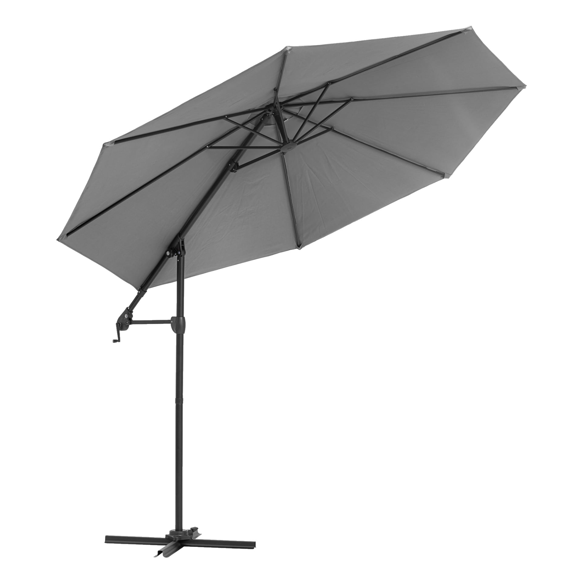 En EKVIP-parasol, ett rymligt utkragande utomhusparaply, har ett mörkgrått tak och en svart metallram utrustad med vevhandtag och korsformad bas, helt öppen.