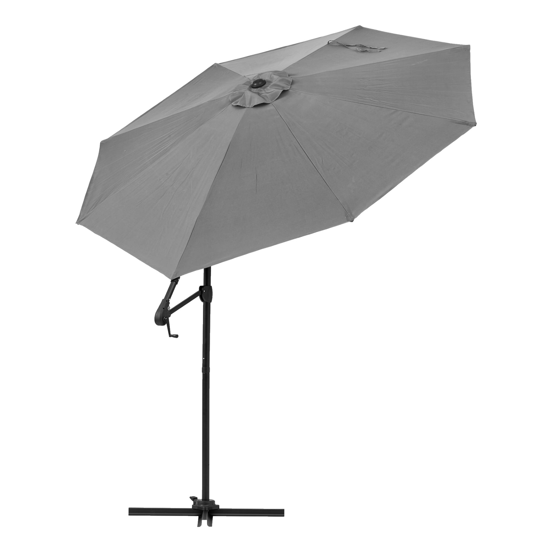Ett stort grått EKVIP Parasol utomhusparasoll med vevhandtag, monterat på en metallstång och stativ.