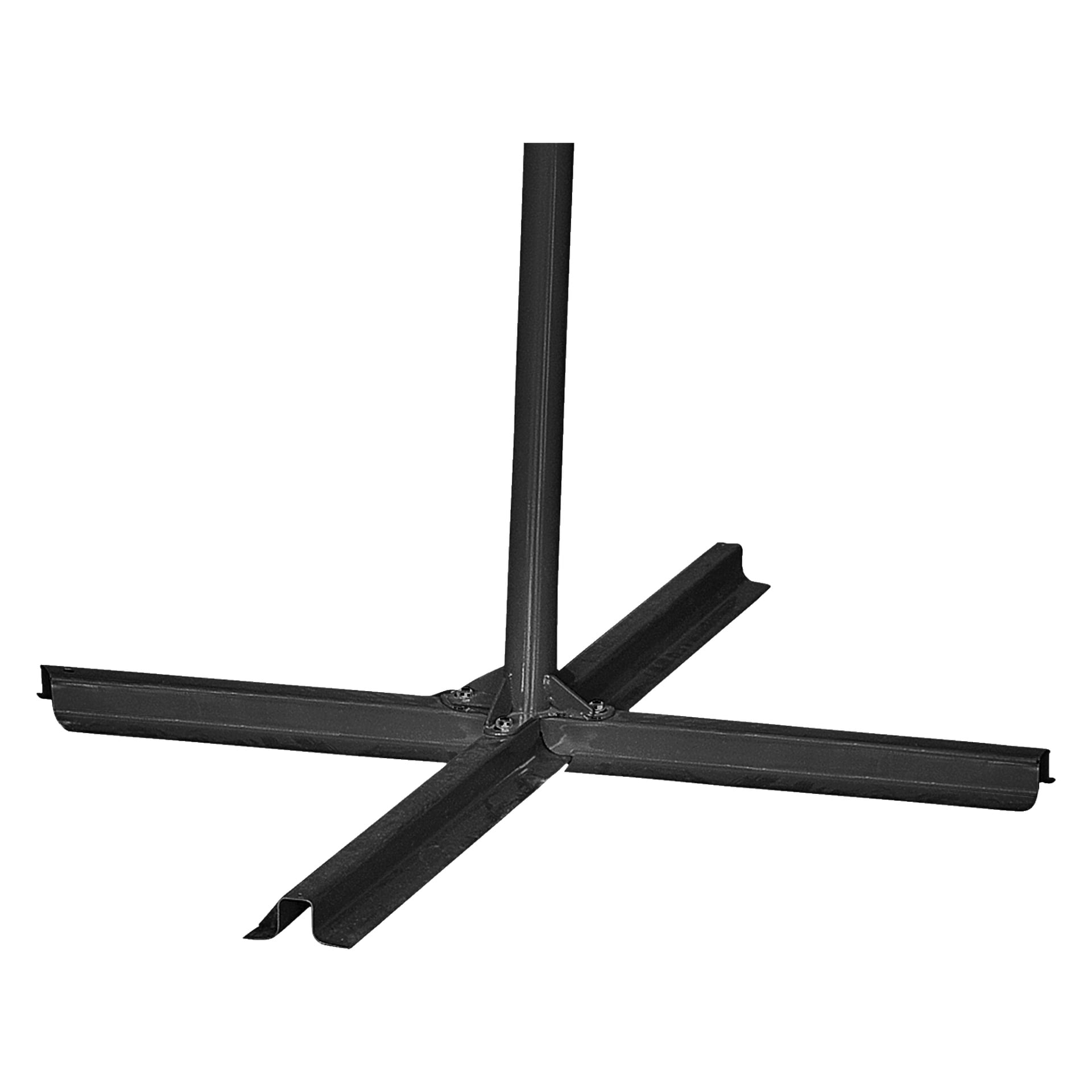 EKVIP Parasol har ett svart metallstativ med en rak vertikal stång, stödd av en stadig bas av fyra platta metallstänger som korsar varandra i en X-form, visad framför en enkel, avskalad miljö.