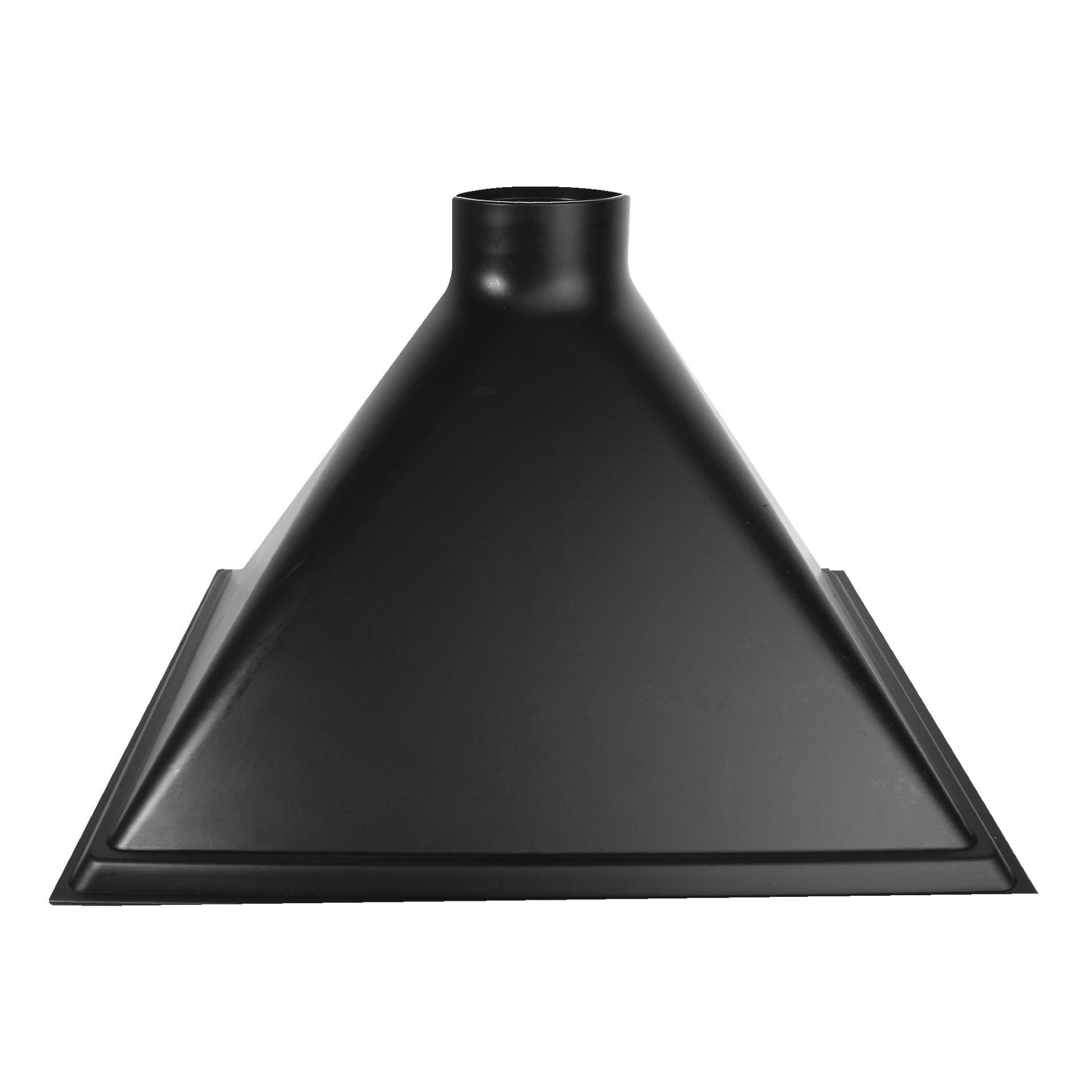 En svart metall Meec Tools Chips-tatt med pyramidform, cirkulär öppning på toppen och bred platt bas.
