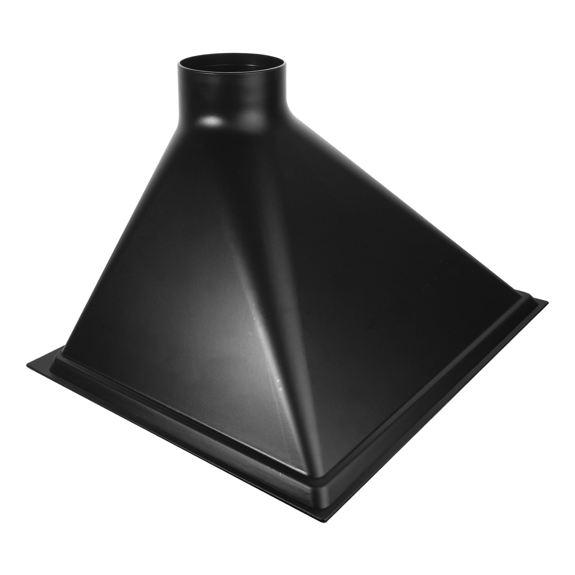 Meec Tools Chips Funnel är en svart plastbit med en pyramidform, en fyrkantig bas och en rund öppning på toppen.