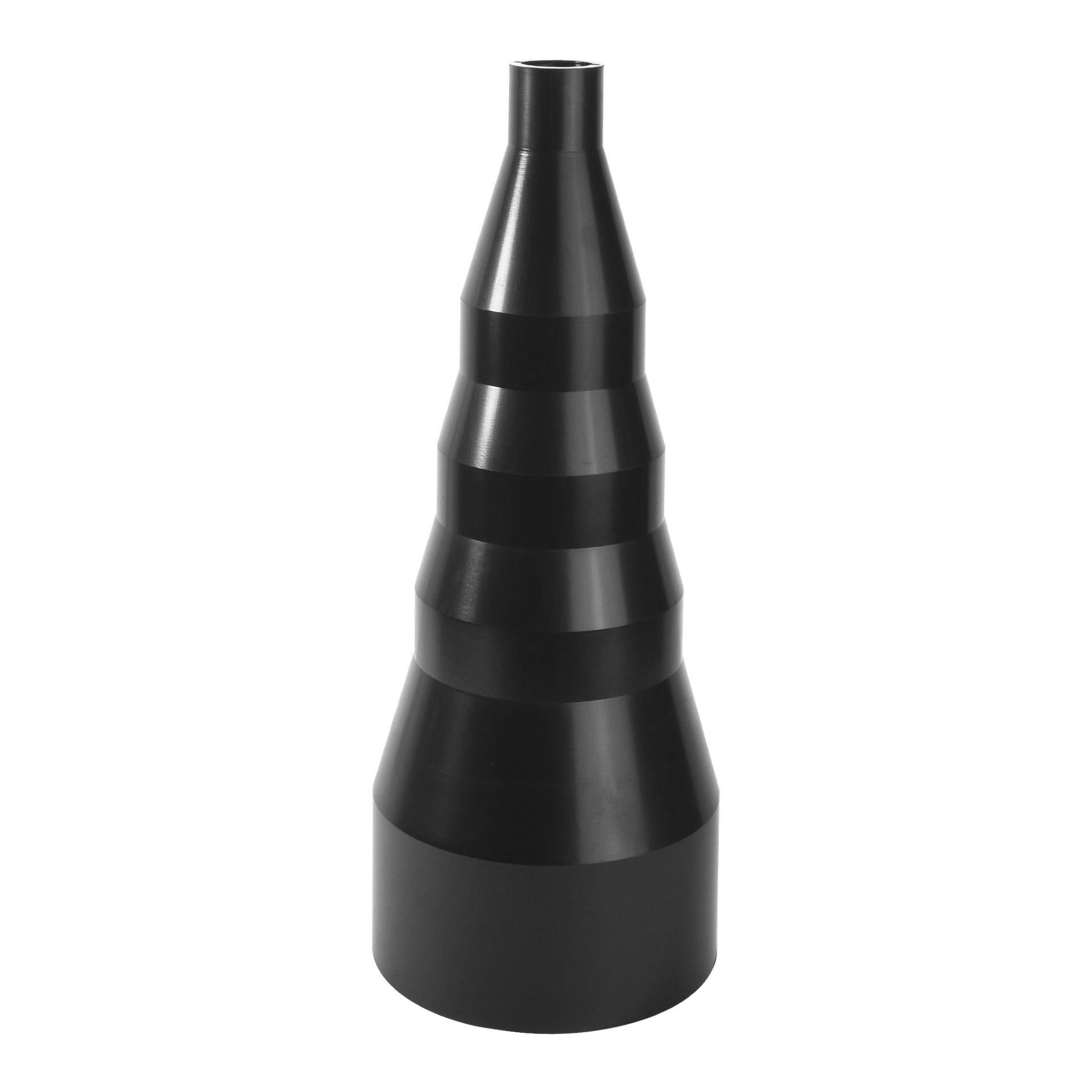 En svart metallisk Meec Tools slangadapter med staplade cylindriska sektioner som minskar i diameter mot toppen och bildar en konisk form.