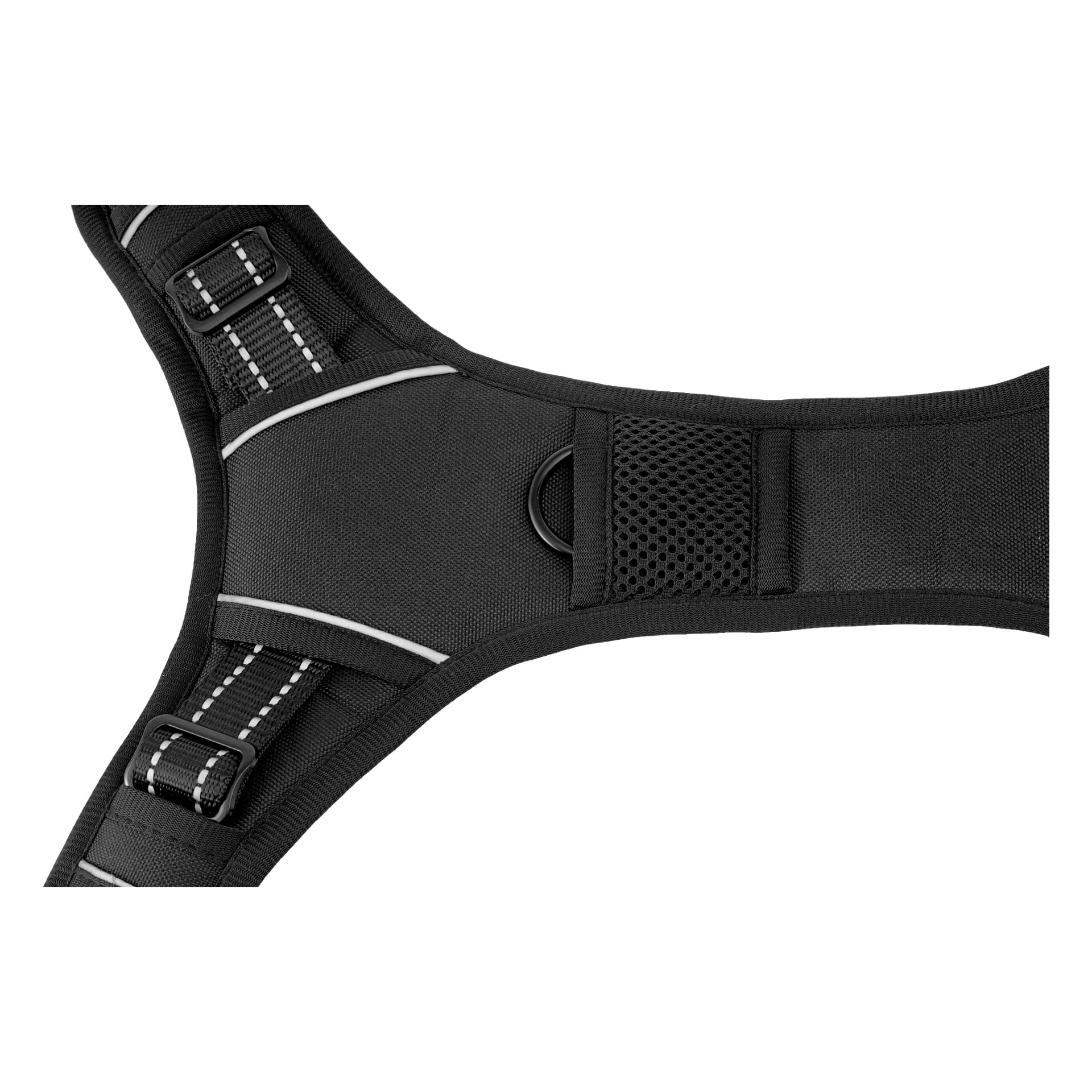 Detaljerad vy av Kayoba Dog Harness som visar dess svarta justerbara struktur med framträdande vita sömmar, två stadiga plastspännen, en säker metallring och en central panel av andningsbart nät.