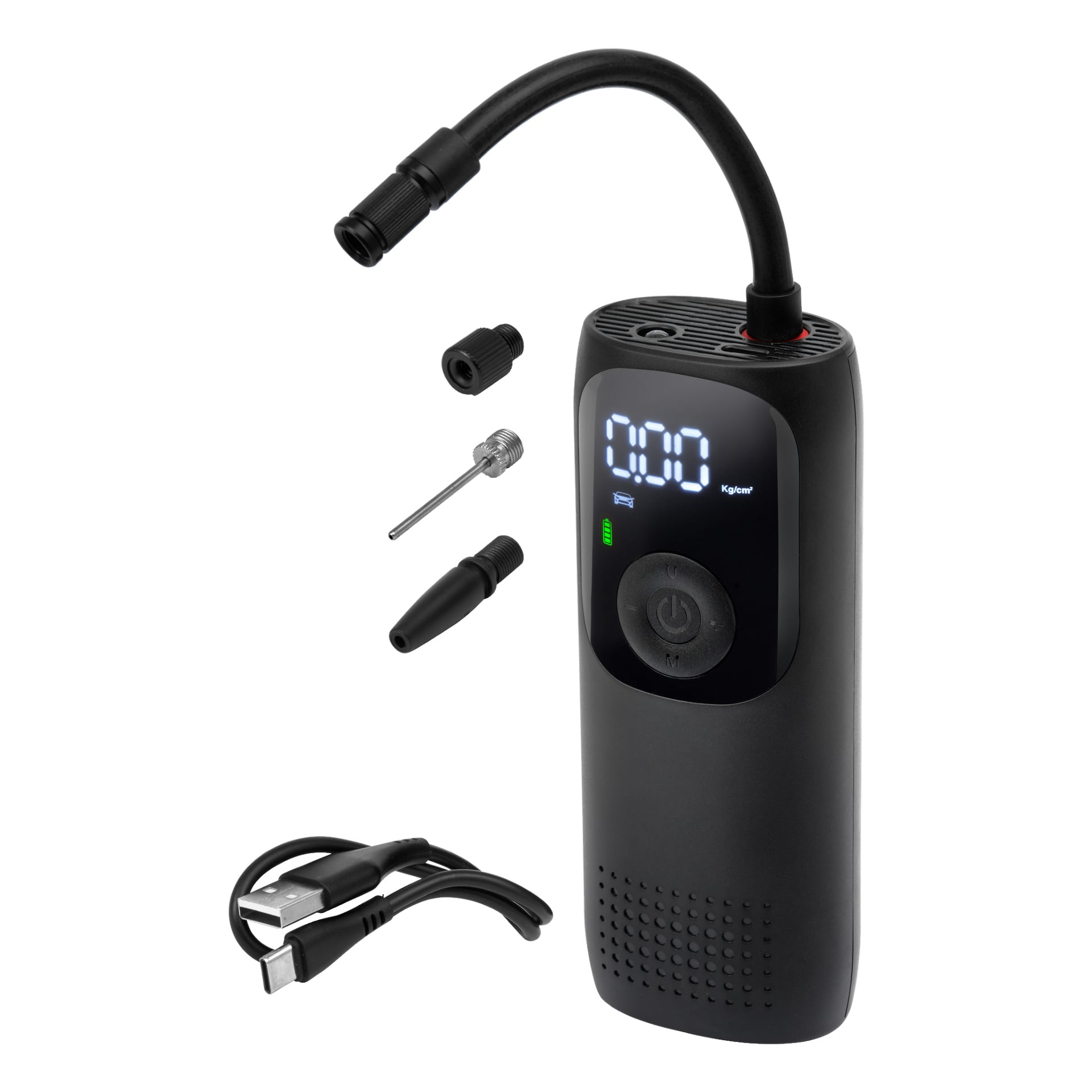 Hamron Portables däckpump har en elegant svart design med digital skärm, flexibel slang, strömknapp, tre munstyckstillbehör och en medföljande USB-laddningskabel.